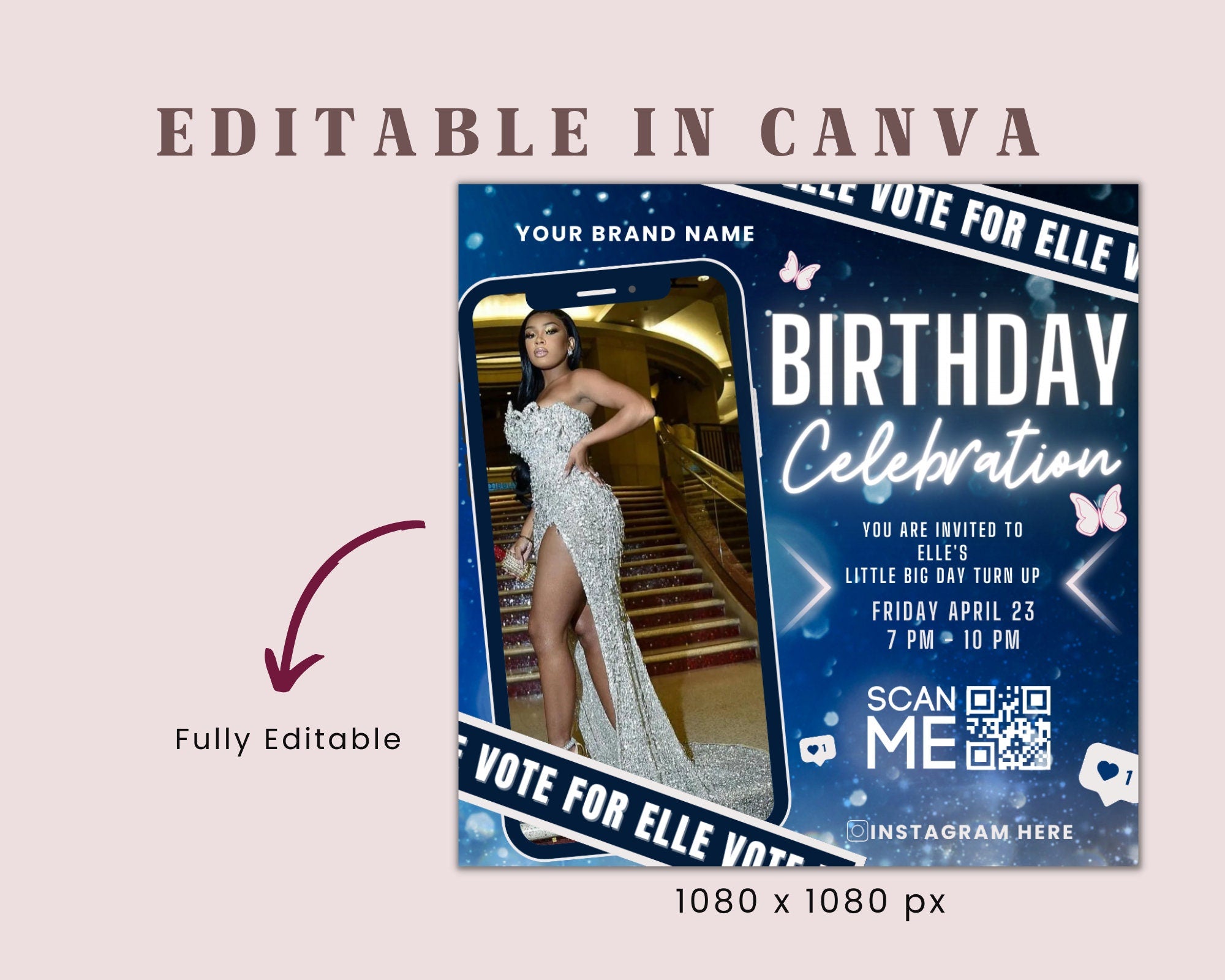 Birthday Celebration Flyer Platinum Template | DIY Bday Invitation RSVP Boutique Hair Lash Nails Social Media Instagram Editable Canva Flyer