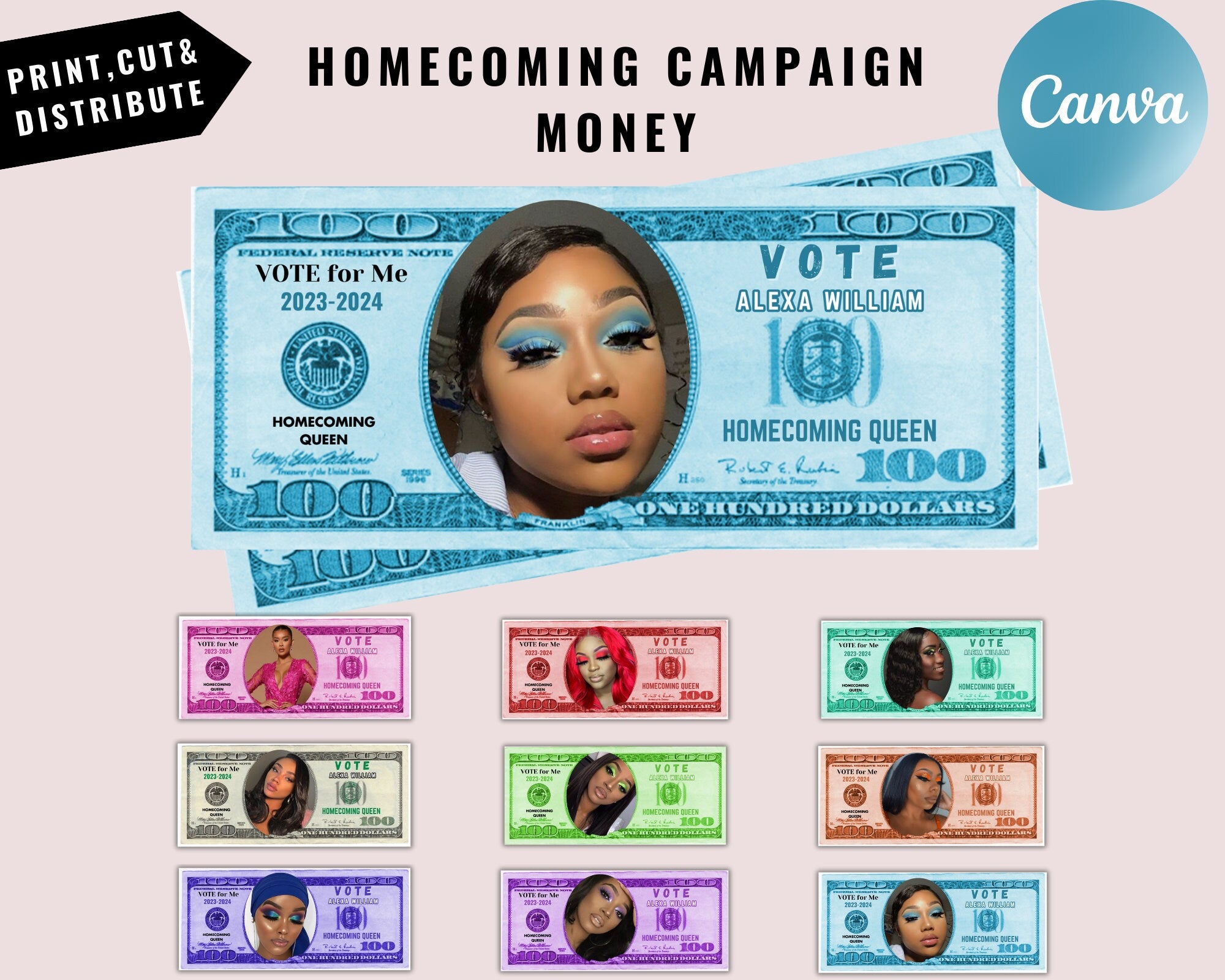 Homecoming Campaign Money, Editable Fake Money, Prom Queen, Homecoming 100 bill, Blue Money Vote For Me, Election, Campaign, Print and Cut