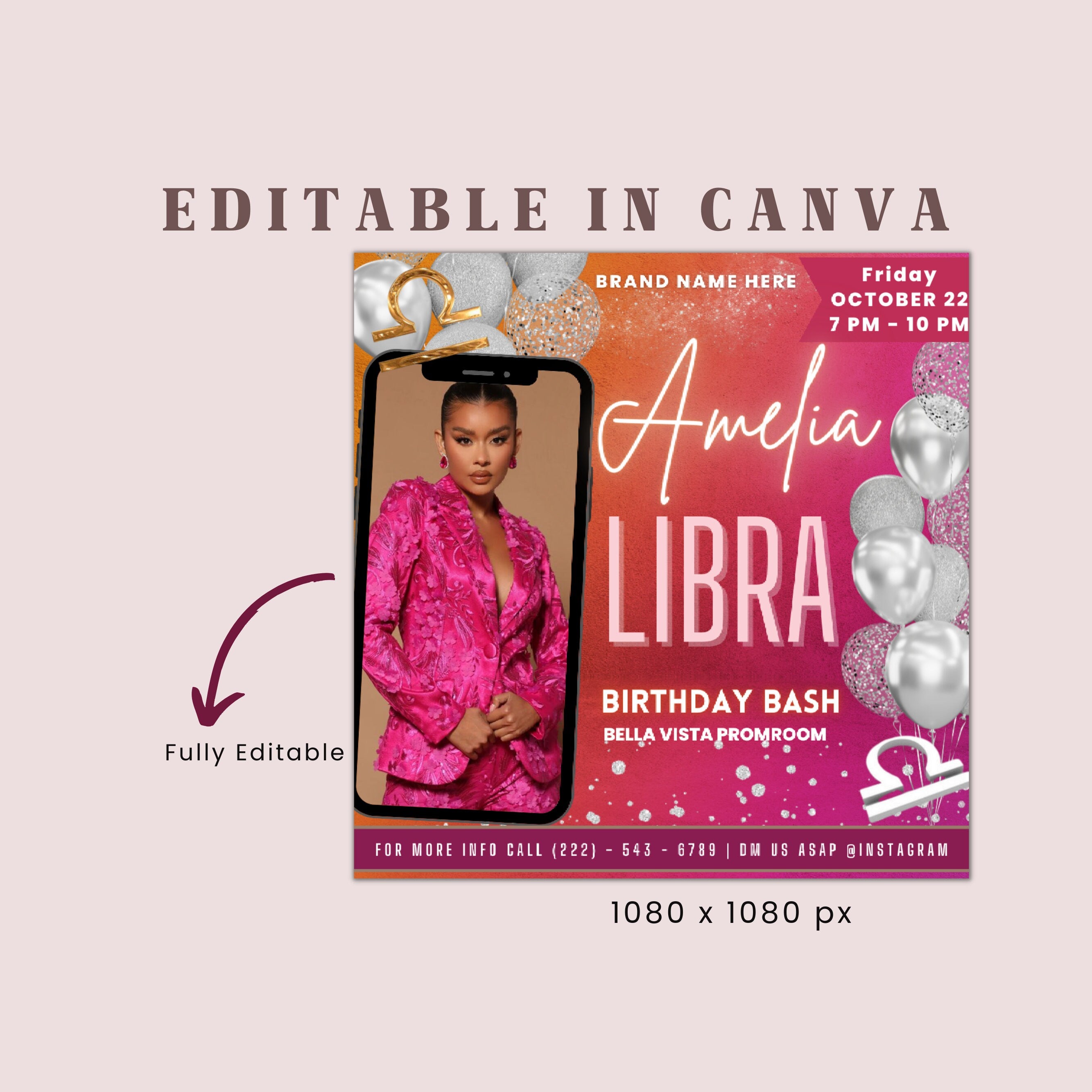 Libra Birthday Flyer, Birthday Template, Birthday Girl, Party Flyer, Celebration Flyer, Birthday Event, Birthday Invite,Canva Flyer Template