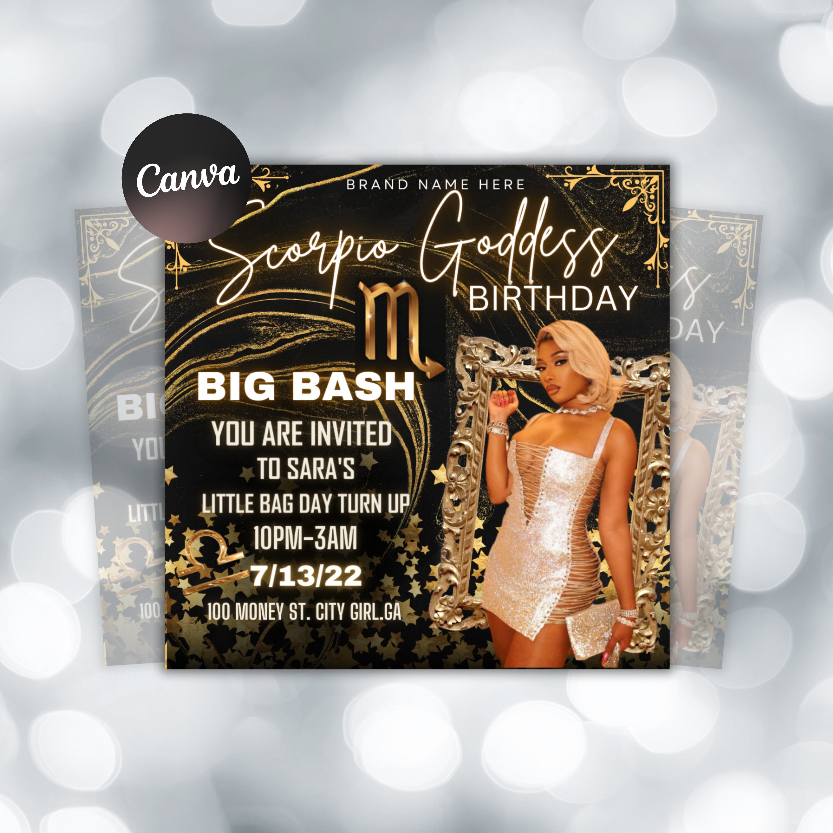 Scorpio Birthday Flyer, Birthday Template, Birthday Girl, Party Flyer, Celebration Flyer, Birthday Event, Birthday Invite, Canva Template