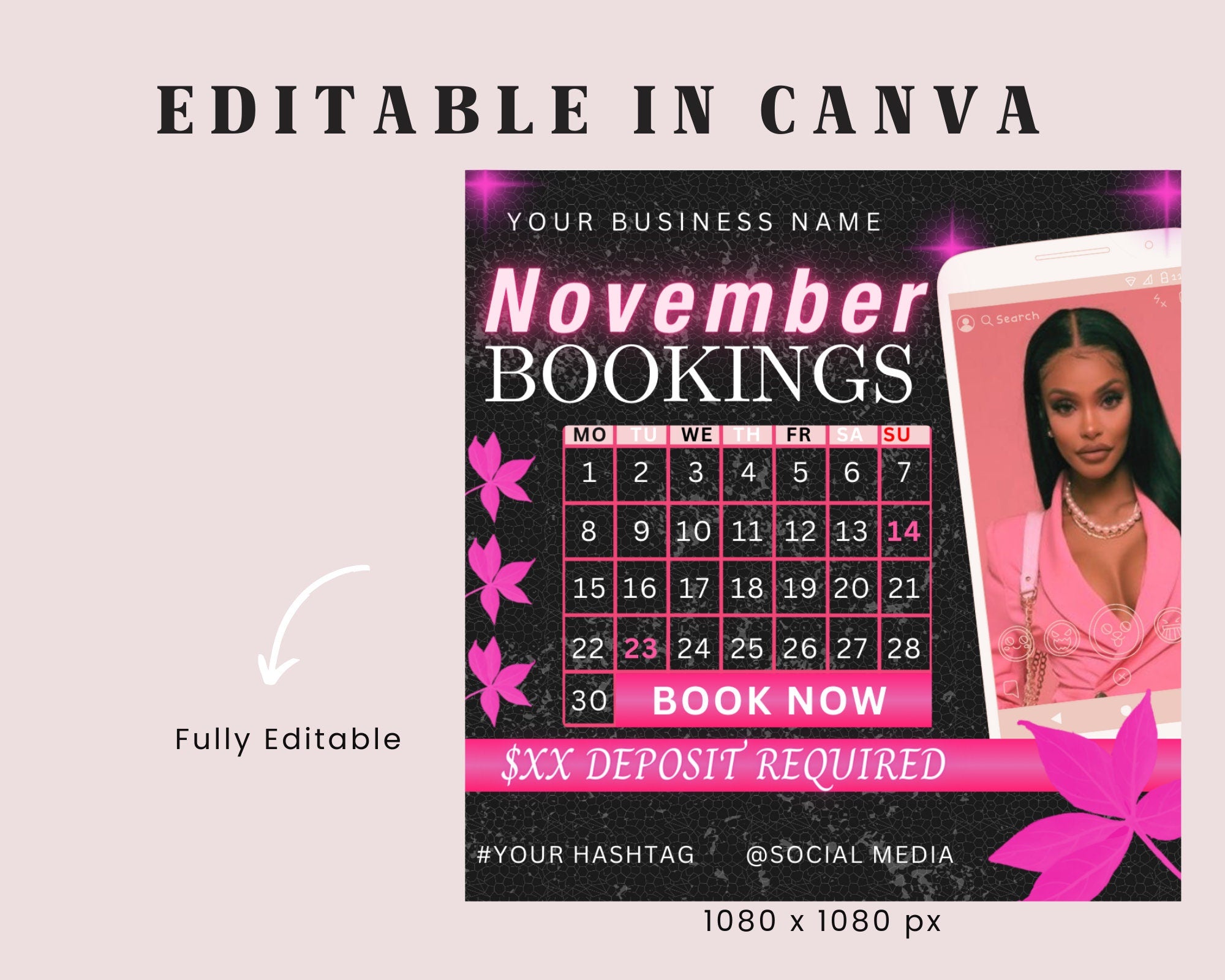 November Bookings Flyer, Fall Bookings Flyer, Book Now Appointments, Beauty, Lashes, Make up, Nails, Hair, Canva Template