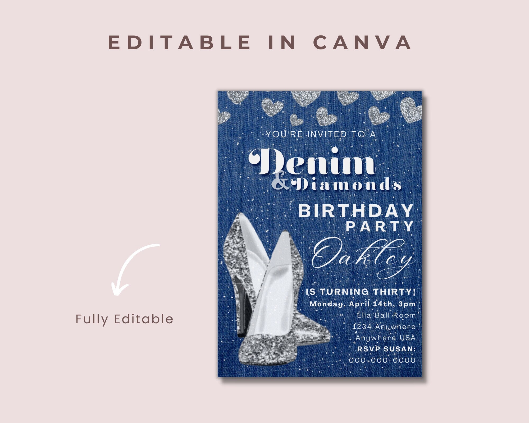 Denim And Diamond Invite, Blue Jeans, Party, Bling Fling, Invitations, Editable, Denim Diamonds, Ladies Night Out, Birthday Invitation