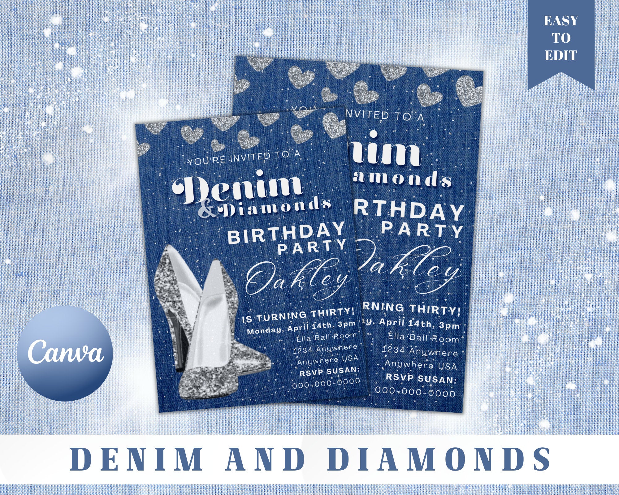 Denim And Diamond Invite, Blue Jeans, Party, Bling Fling, Invitations,  Editable, Denim Diamonds, Ladies Night Out, Birthday Invitation, image size:2000x1600