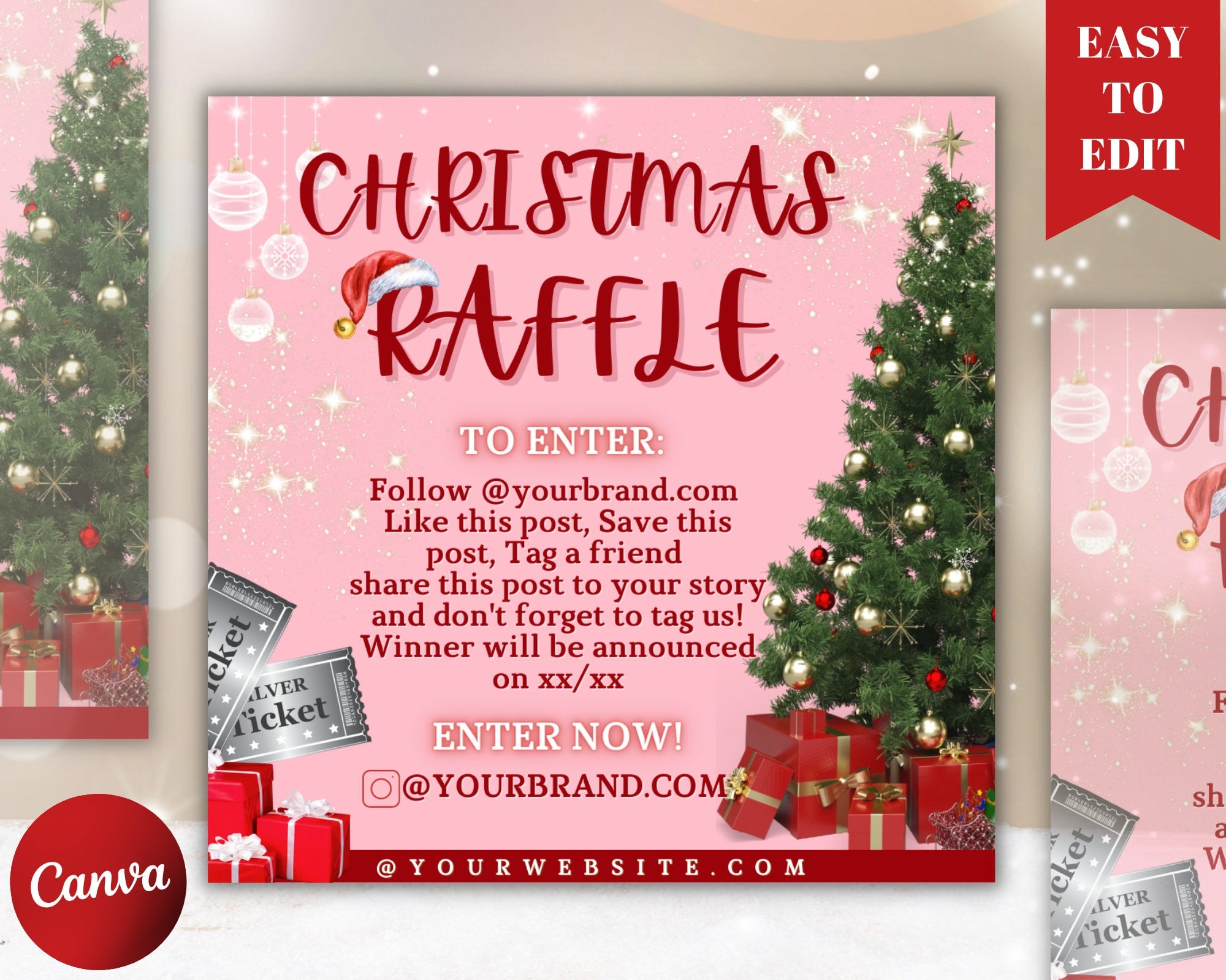 Raffle Flyer Template, Holiday Flyer, Instagram Flyer, Social Media Flyer, Editable Christmas Raffle Ticket Flyer Template, Giveaway Flyer