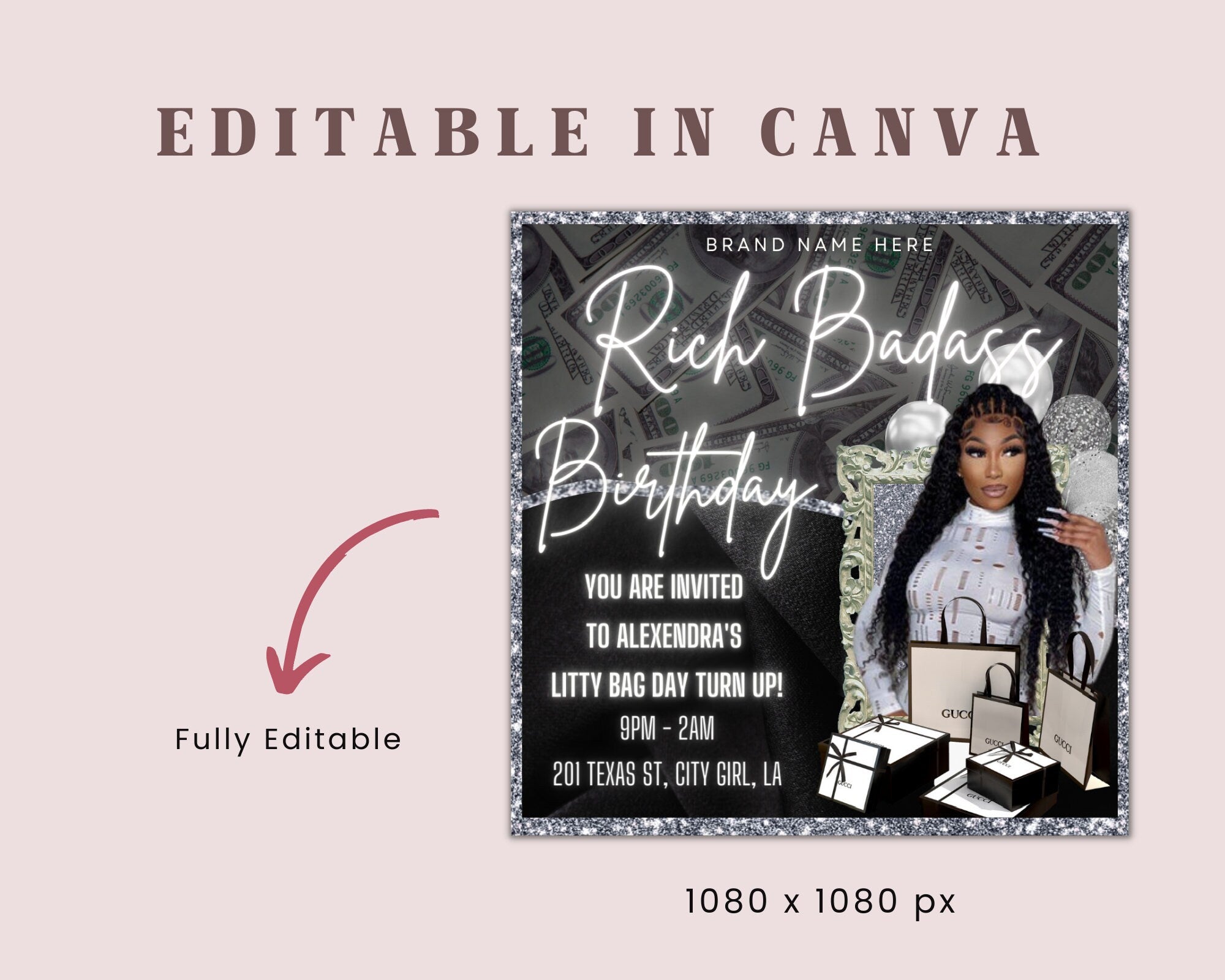 Birthday Celebration Flyer Platinum Template | DIY Bday Invitation RSVP Boutique Hair Lash Nails Social Media Instagram Editable Canva Flyer