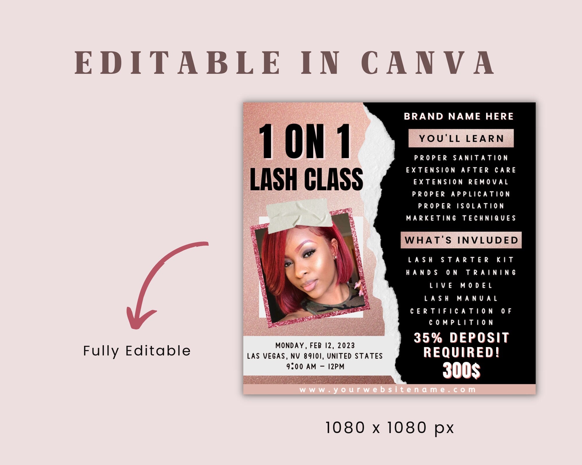 1 on 1 Lash Class Flyer | DIY Lash Training | Appointments Available | Lash Training Flyer | Lash Extension Makeup Editable Canva Template