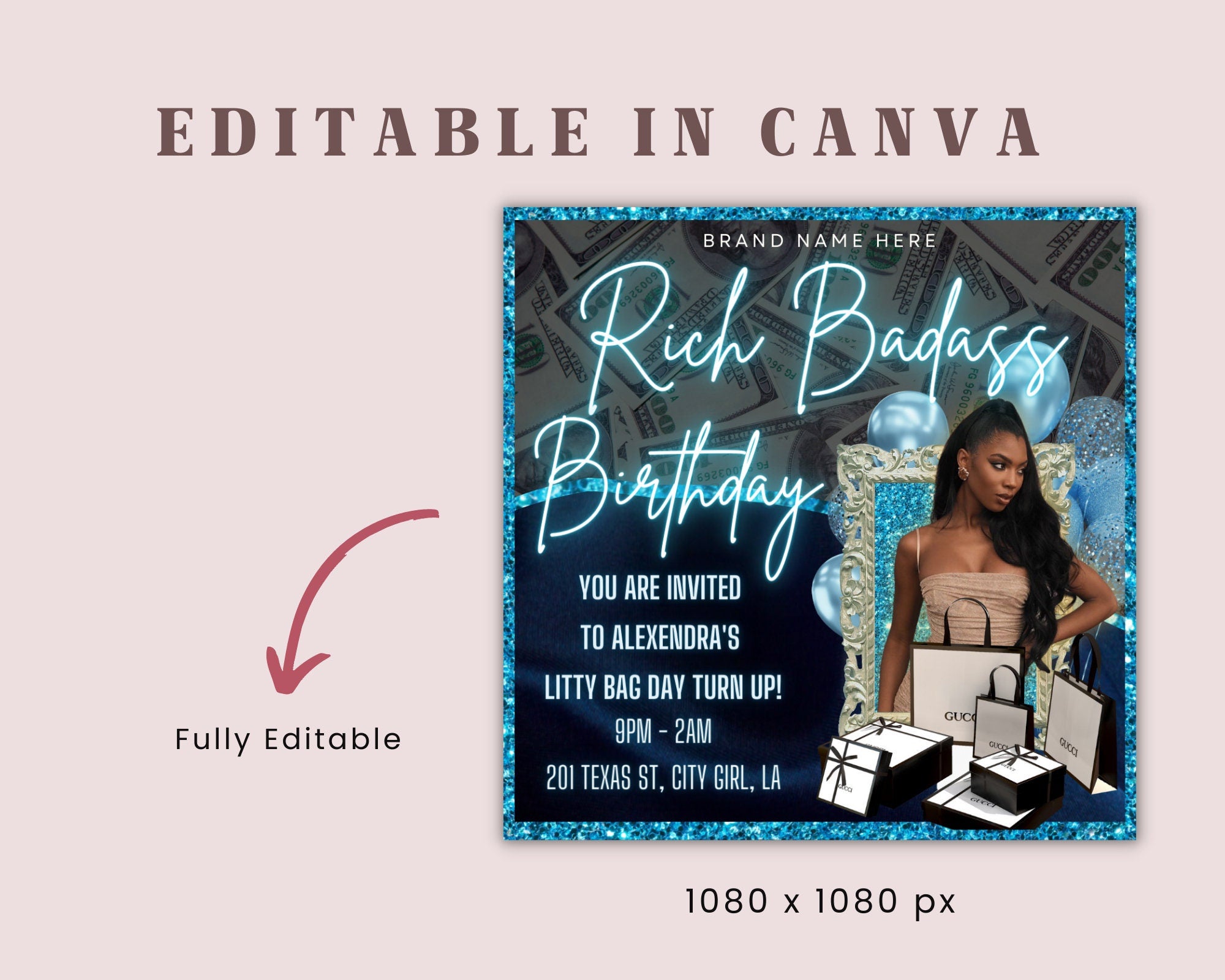 Birthday Flyer, Custom Editable Templates, Instagram Business Canva Flyer, Print At Home, Instant Download, DIY Template, Birthday Glam