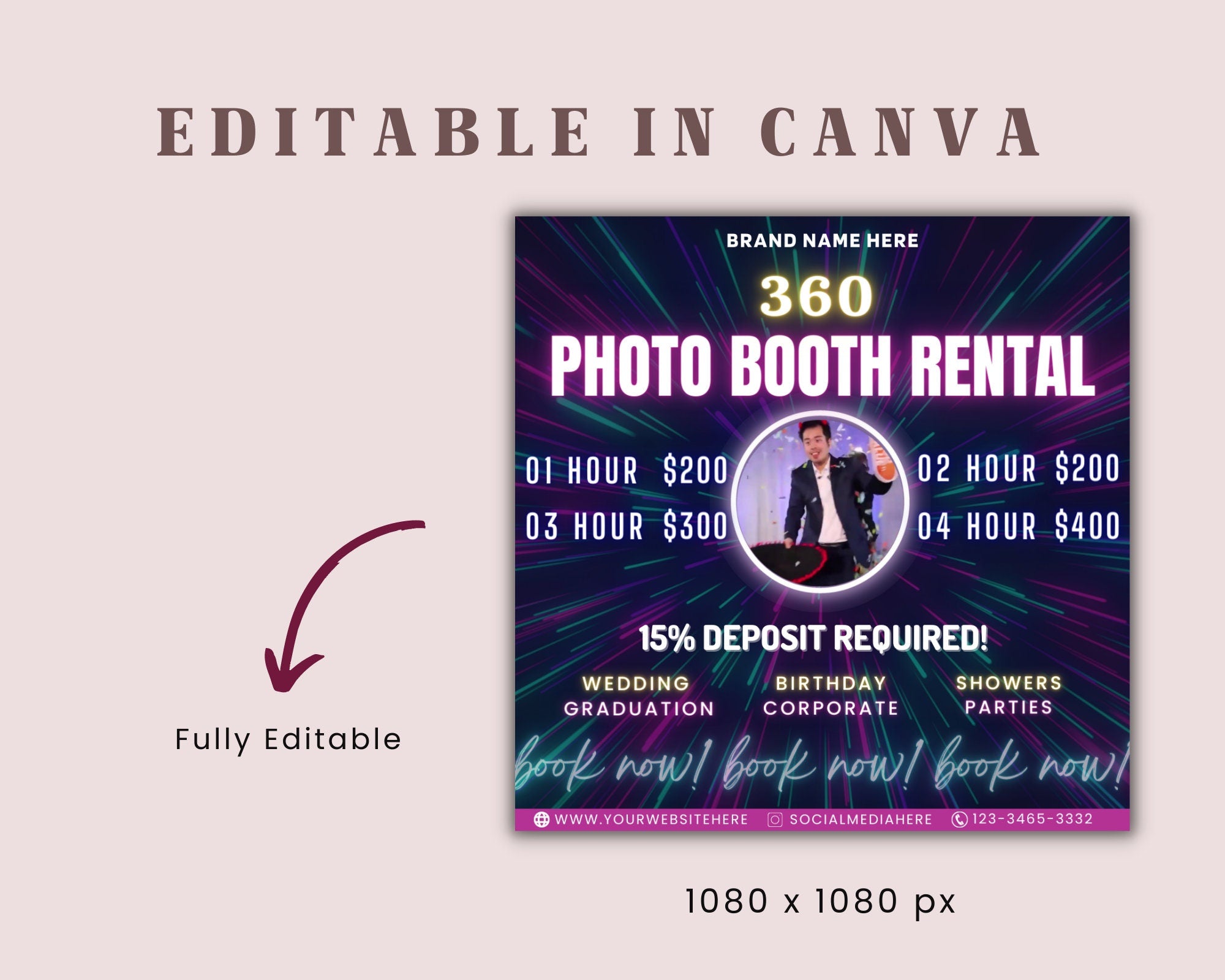 Animated 360 Photo Booth Flyer | Book Now Flyer | Event Photography Rental Party Celebration| Photobooth Instagram | Editable Canva Template