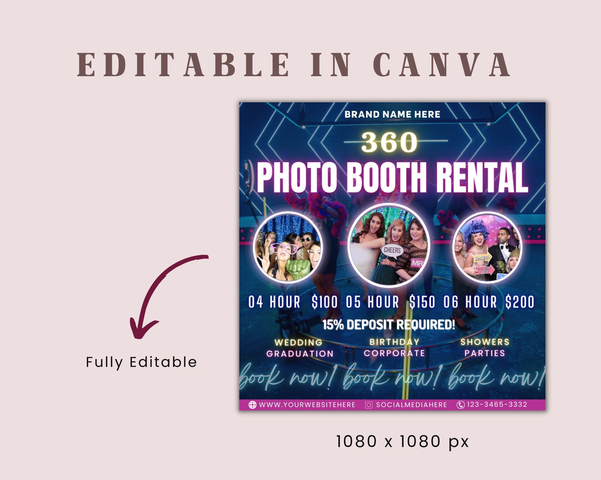 360 Photo Booth Rental Flyer | DIY Event Photography Rental Party Celebration Photobooth Social Media Instagram Editable Canva Template