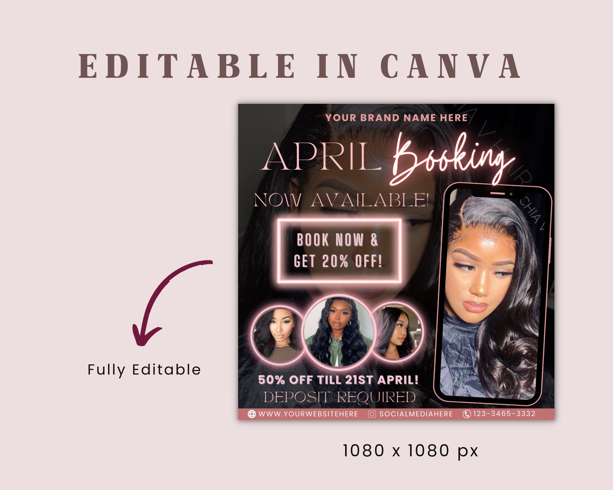 April Bookings Flyer | DIY Spring Appointments Available Beauty Hair Lashes Wig Frontals MUA Nails Social Media Editable Canva Template