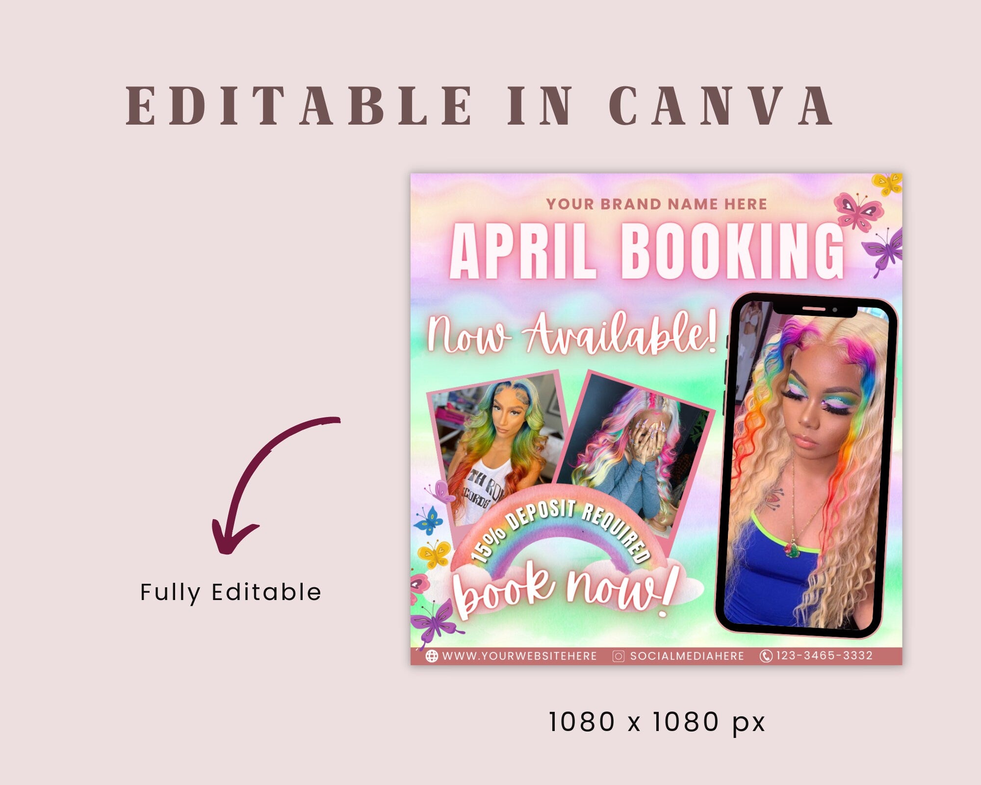 April Appointment Bookings Flyer | DIY Spring Book Now Beauty Hair Lashes Wigs Makeup Nails Bundles Social Media Editable Canva Template