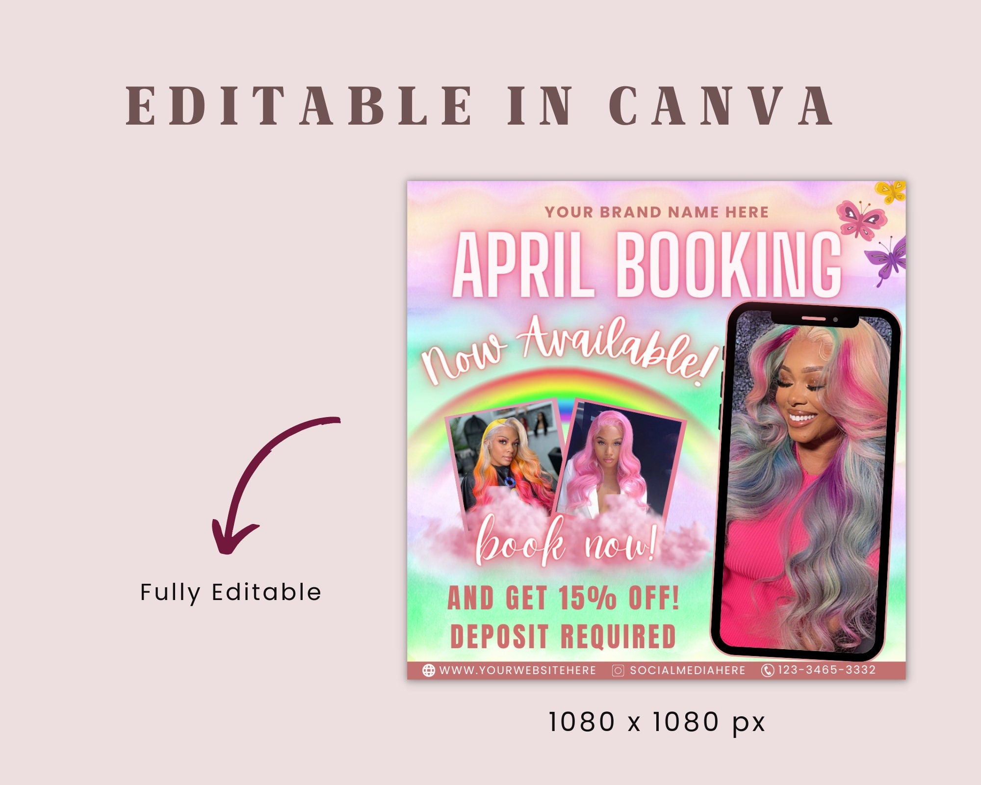 April Appointment Bookings Flyer | DIY Spring Book Now Beauty Hair Lashes Wigs Makeup Nails Bundles Social Media Editable Canva Template