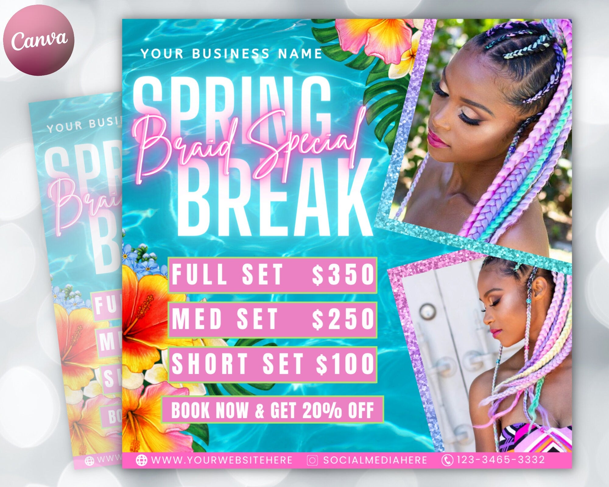 Spring Break Braid Special Flyer| DIY April Flash Sale Hair Braiding Knotless Stitch Butterfly Lemonade Social Media Editable Canva Template