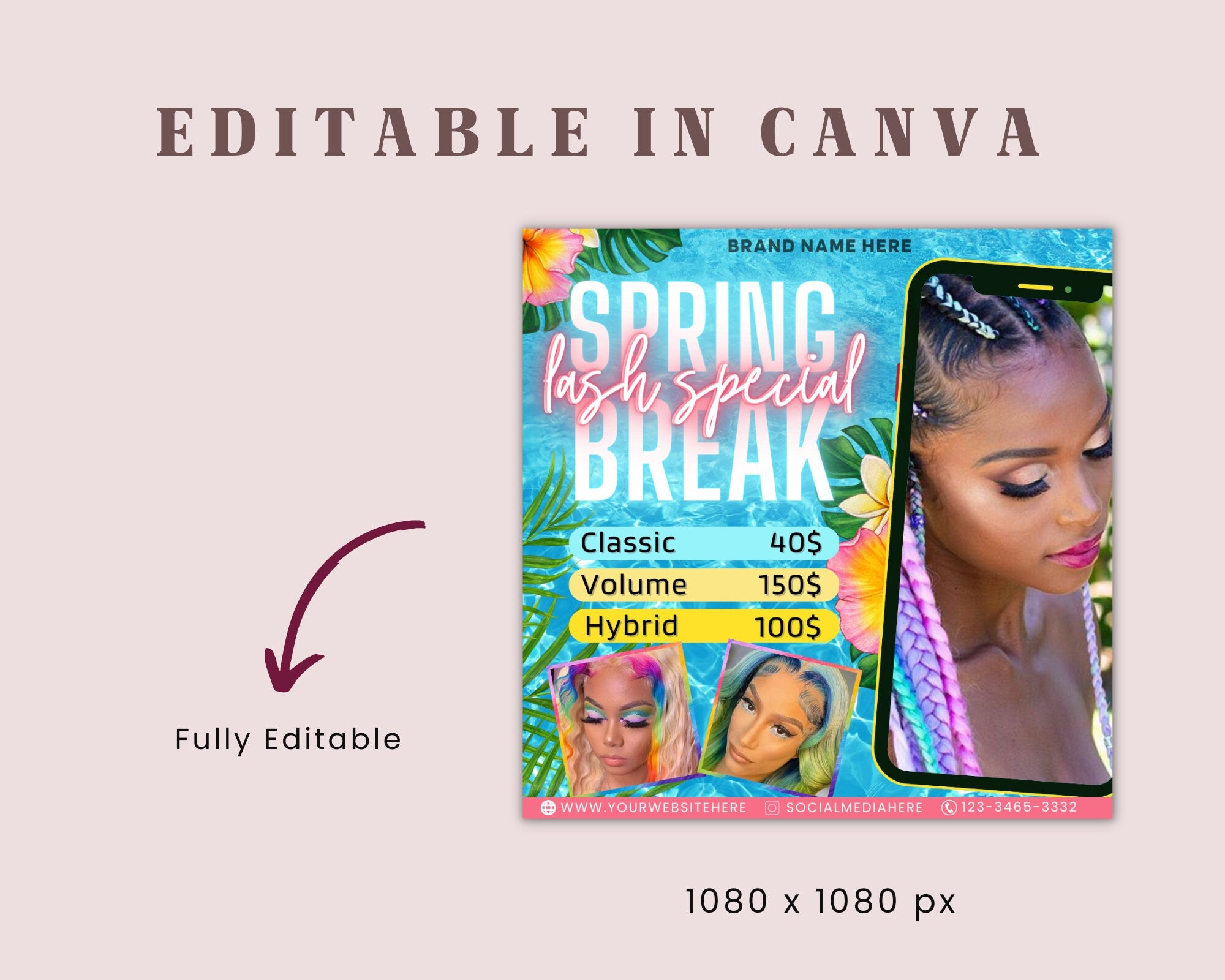 Spring Break Lash Special Flyer | DIY April Flash Sale Classic Volume Hybrid Lashes Extensions Makeup Social Media Editable Canva Template