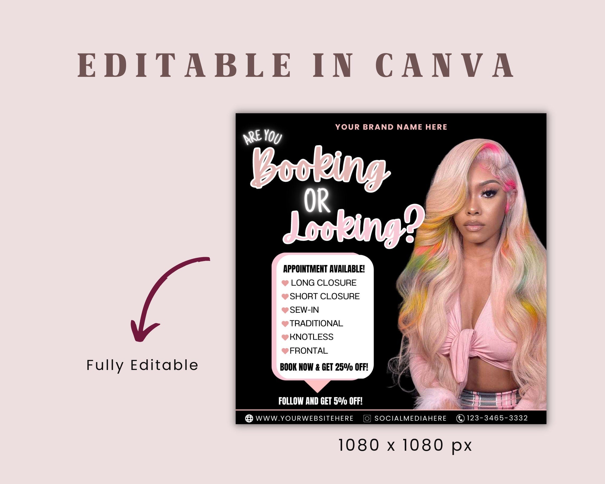 Booking Or Looking Appointment Flyer | DIY Book Now Available | Social Media Instagram | Hair Lashes Nails Wigs Makeup | Canva Template