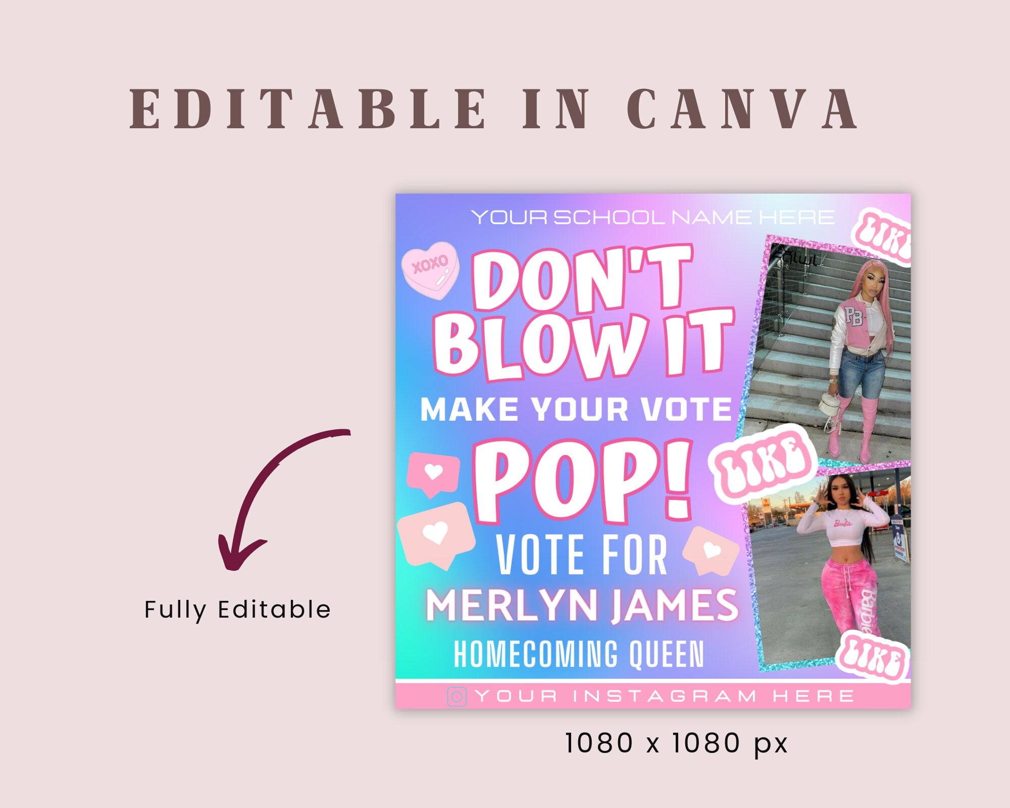 Homecoming Pop The Vote Flyer| DIY Voting Campaign Election High School Queen Beauty Social Media Instagram Snapchat Editable Canva Template