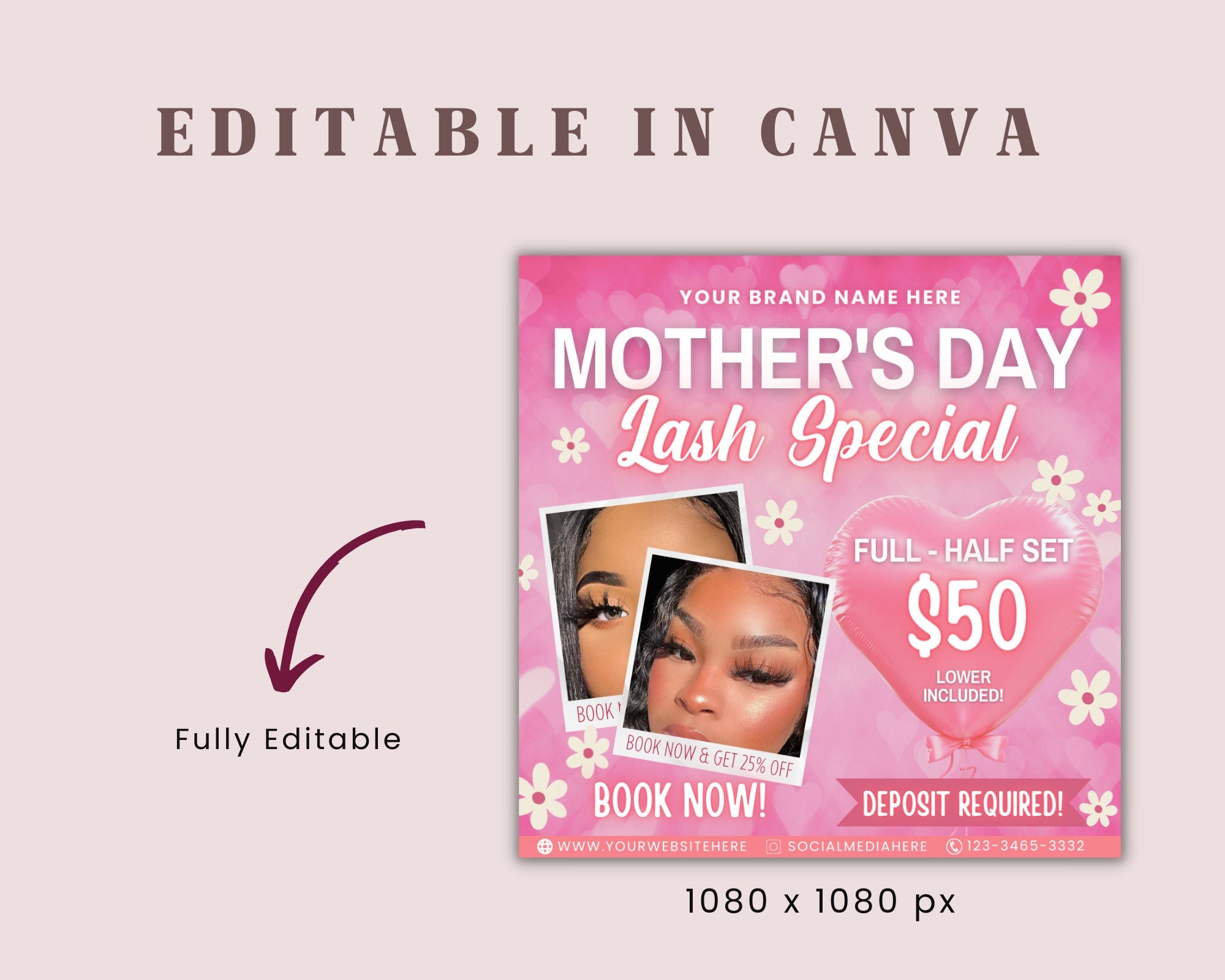 Mother's Day Lash Flyer, Book Now Flyer, Mother's Day Sale Flyer, Social Media Flyer, Lash tech Flyer, Mother's Day Special , Canva Template
