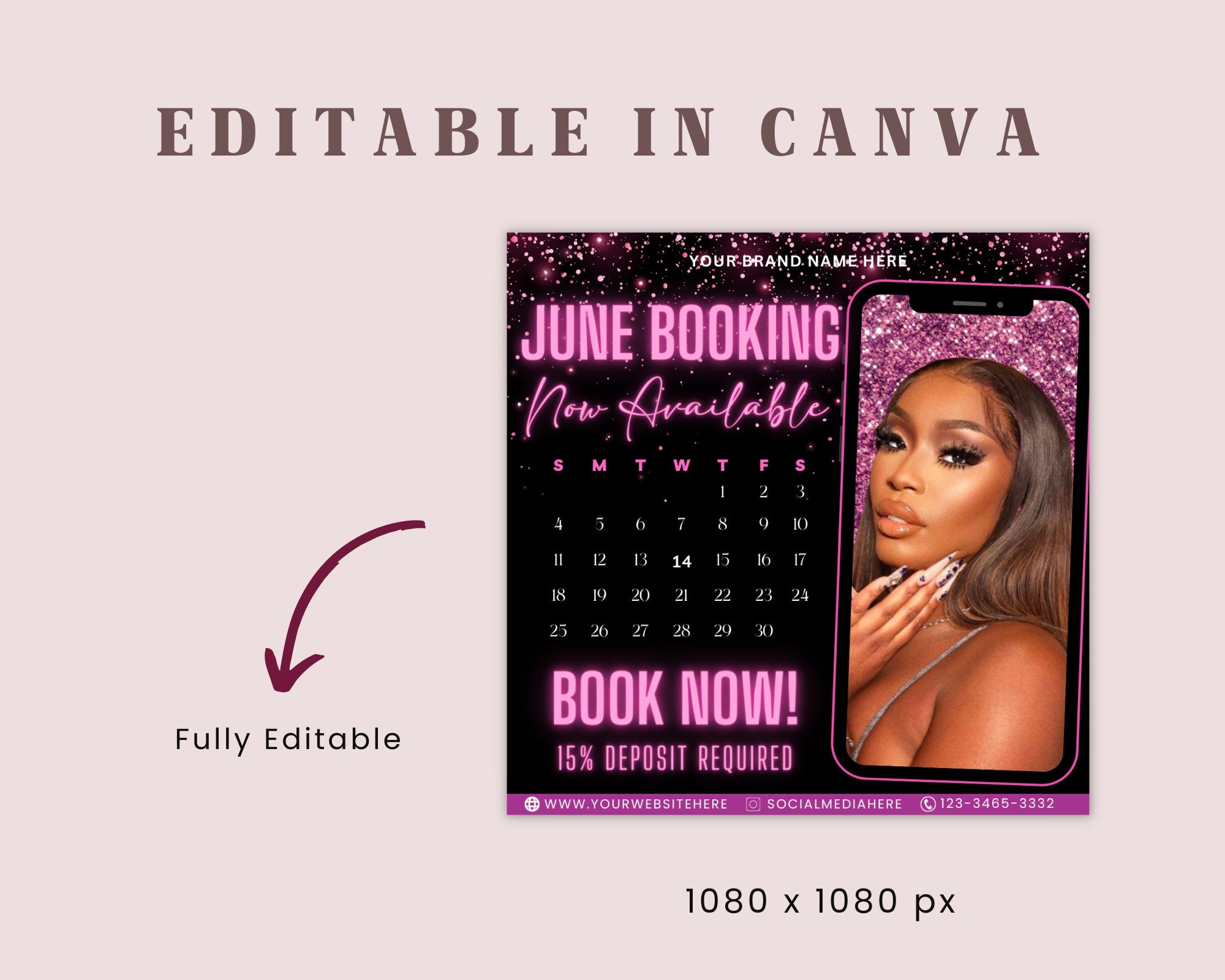 June Bookings Now Available Flyer, DIY Summer Book Now Appointments Beauty Hair Lashes Wigs Make Up Nails Social Media Canva Flyer Template