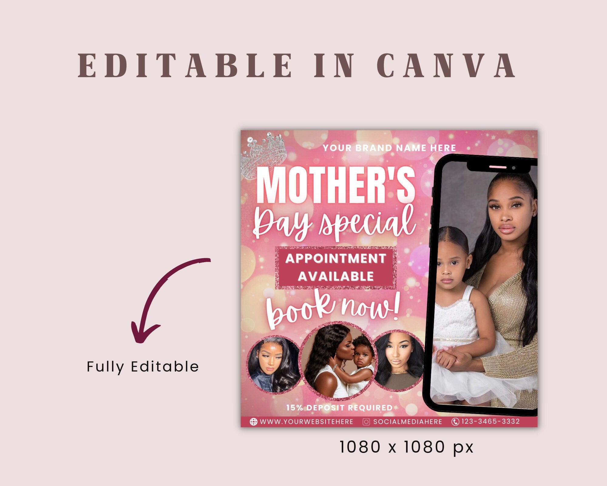 Mother's Day Flyer template, Book Now Flyer, Mother's Day Sale Flyer, Social Media Flyer, Hair, Makeup, Lash, MUA, Canva Template