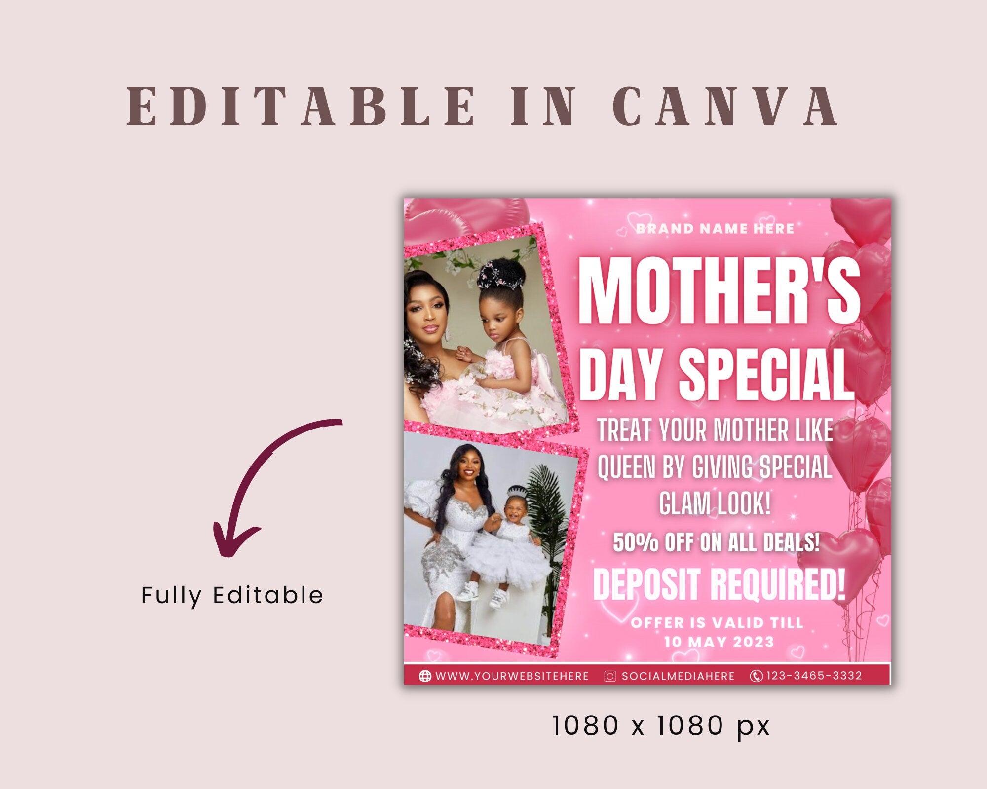 Mothers Day Flyer, DIY Book Now, Appointments Available, Social Media, Instagram, Hair, Makeup, Lash, MUA, Canva Template
