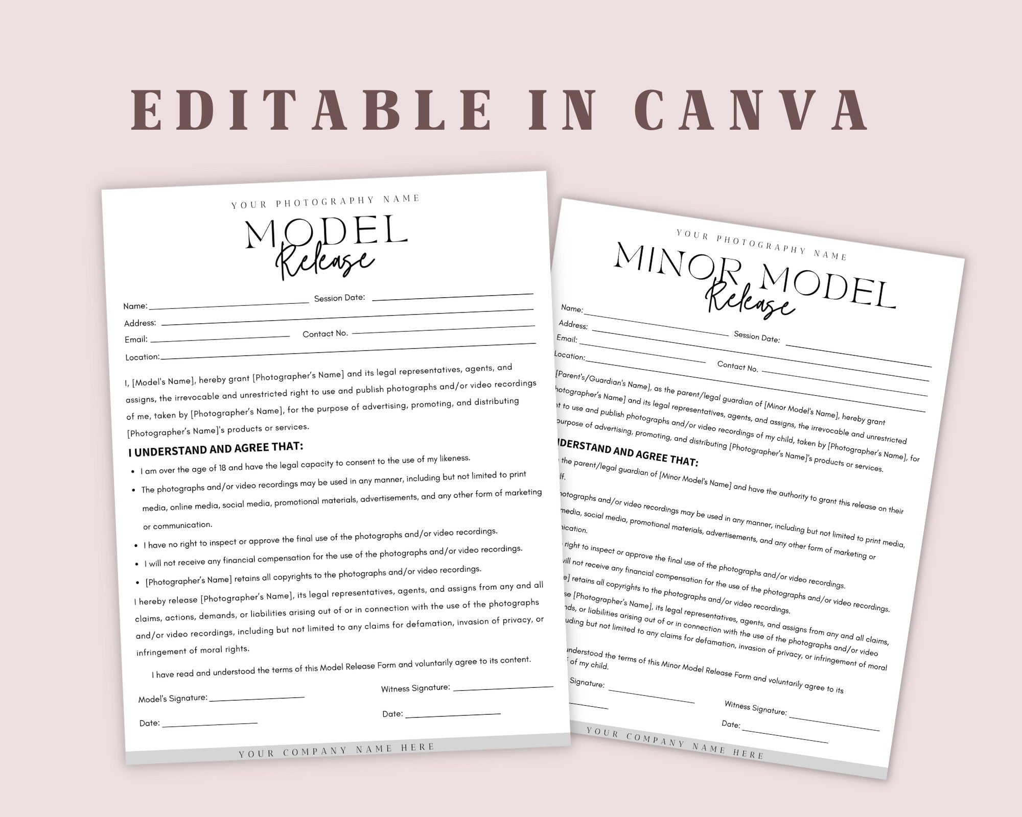 Model Release Form Template | Photography Forms | Minor Model Release Form | Contract for Photographers | Canva Template