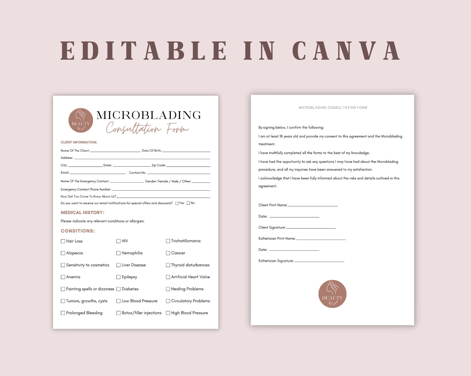 Microblading Forms, Editable Esthetician Templates, Microblading Consultation Form, Beauty Salon Forms, Editable & Printable, Canva Template