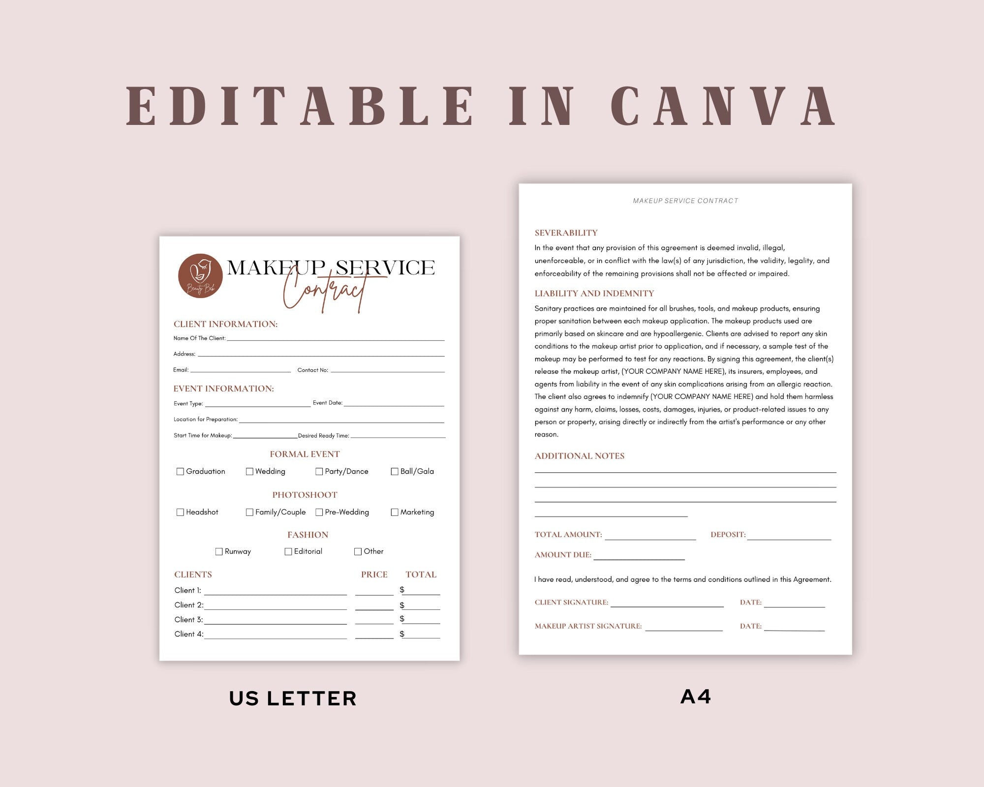 Makeup Service Contract Template, MUA Contract Template, Makeup Artist Contract, Makeup Service Form, Bridal Makeup Contract, Canva Template