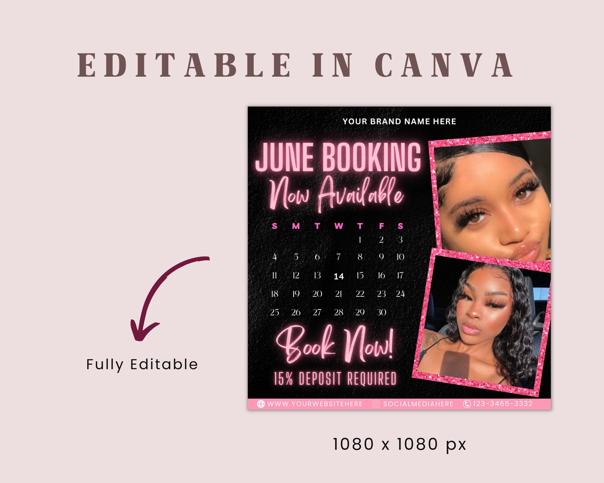 June Bookings Now Available Flyer, DIY Summer Book Now Appointments Beauty Hair Lashes Wigs Make Up Nails Social Media Canva Flyer Template