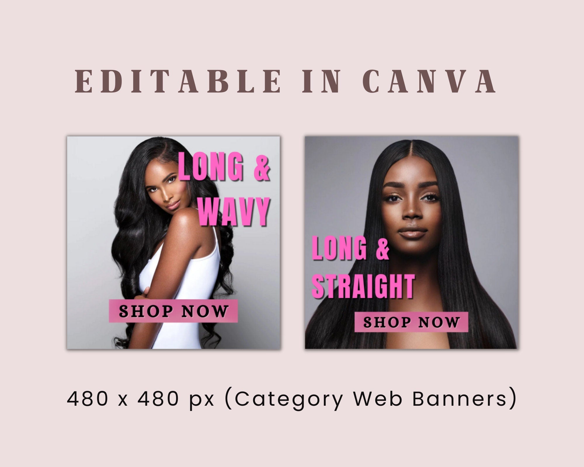DIY Hair Website Banner Kit| Black and Pink Hair Extensions Wig Boutique Store Design| Shopify Site Design Templates Set|Canva| Retail Store