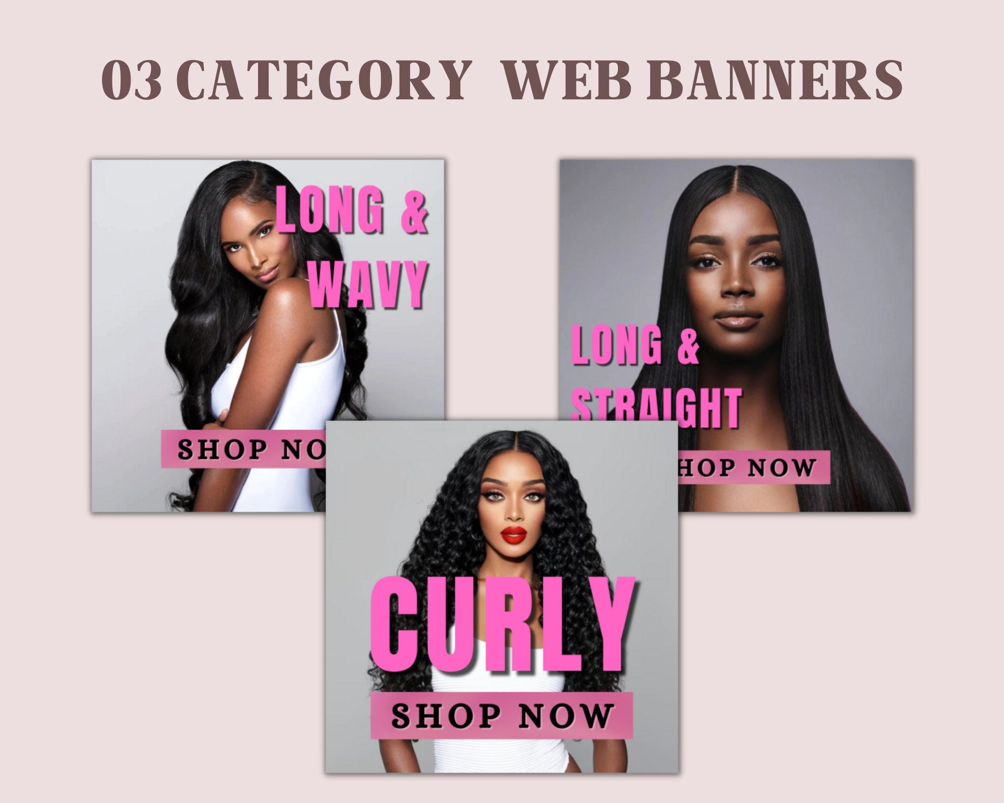 DIY Hair Website Banner Kit| Black and Pink Hair Extensions Wig Boutique Store Design| Shopify Site Design Templates Set|Canva| Retail Store