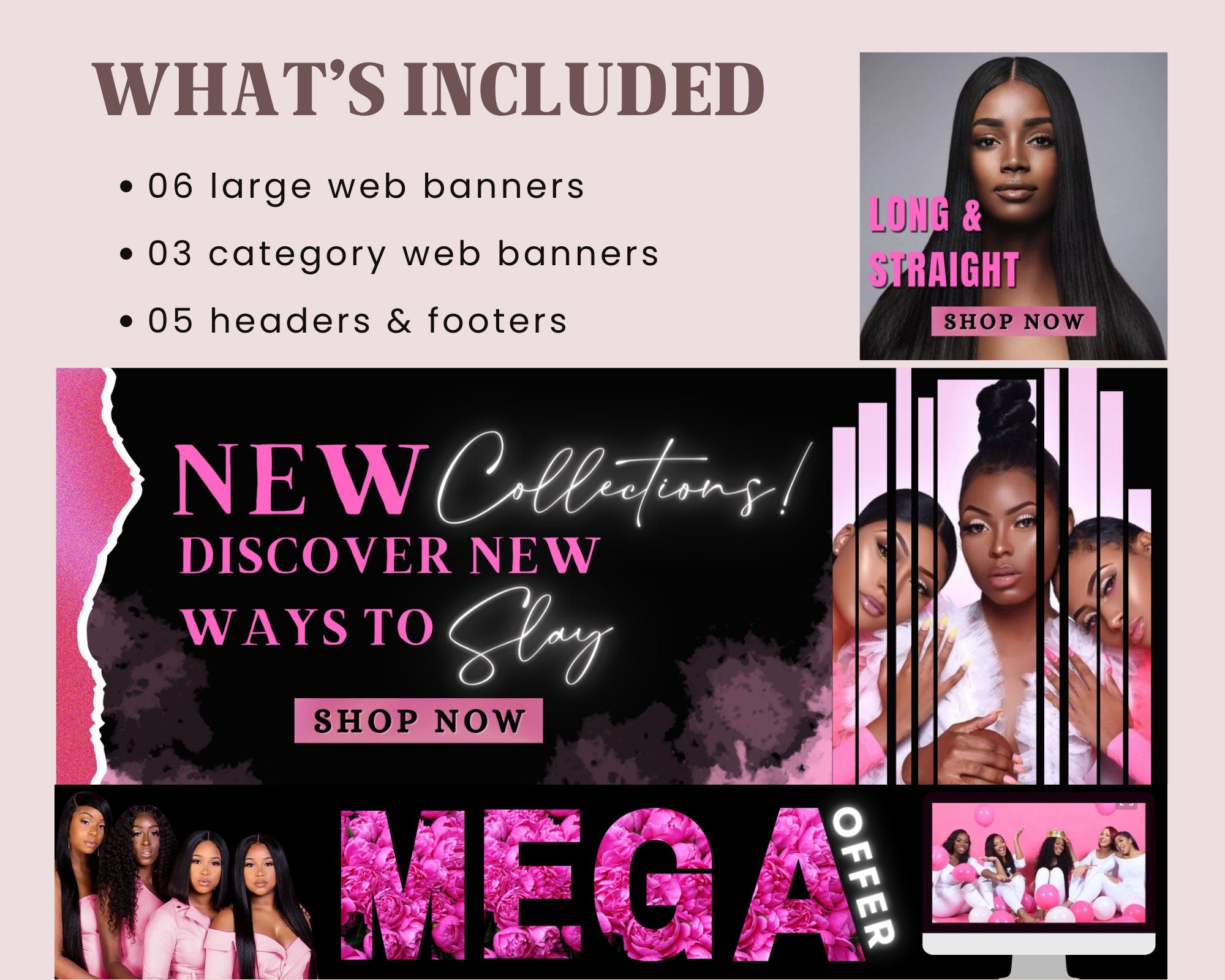 DIY Hair Website Banner Kit| Black and Pink Hair Extensions Wig Boutique Store Design| Shopify Site Design Templates Set|Canva| Retail Store