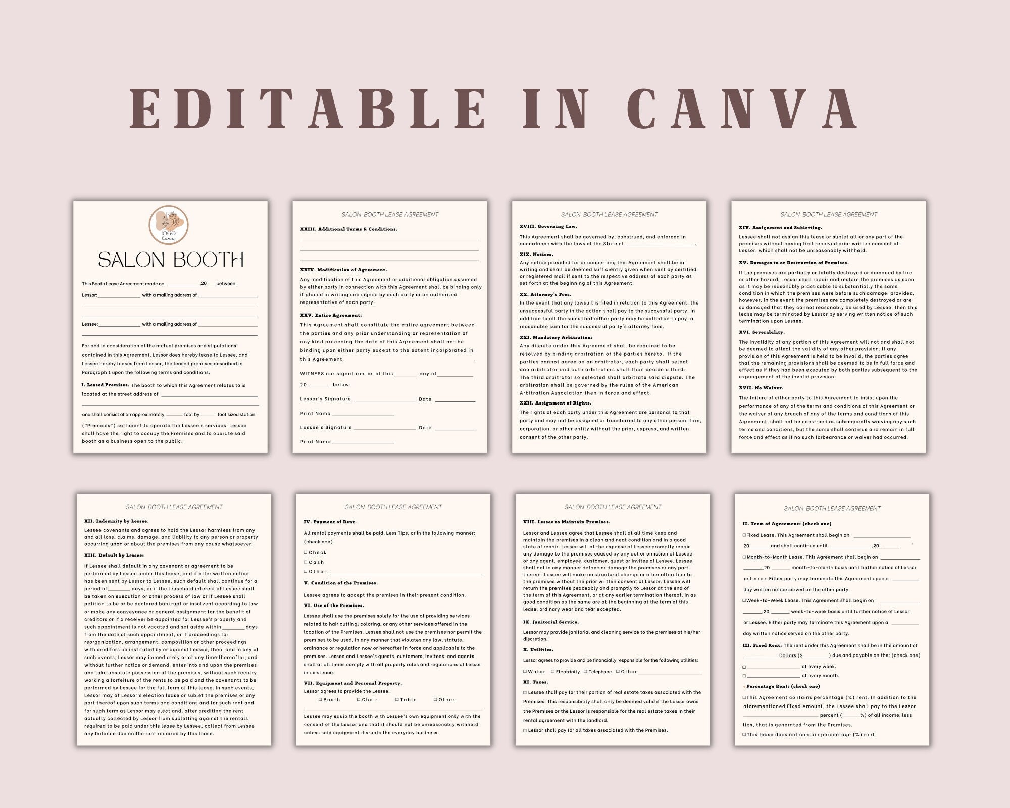 Professional Salon Booth Rental Contract, Canva Booth Rental Agreement, Salon Station Contract, Salon Chair Rental, Spa Rental, Salon Lease