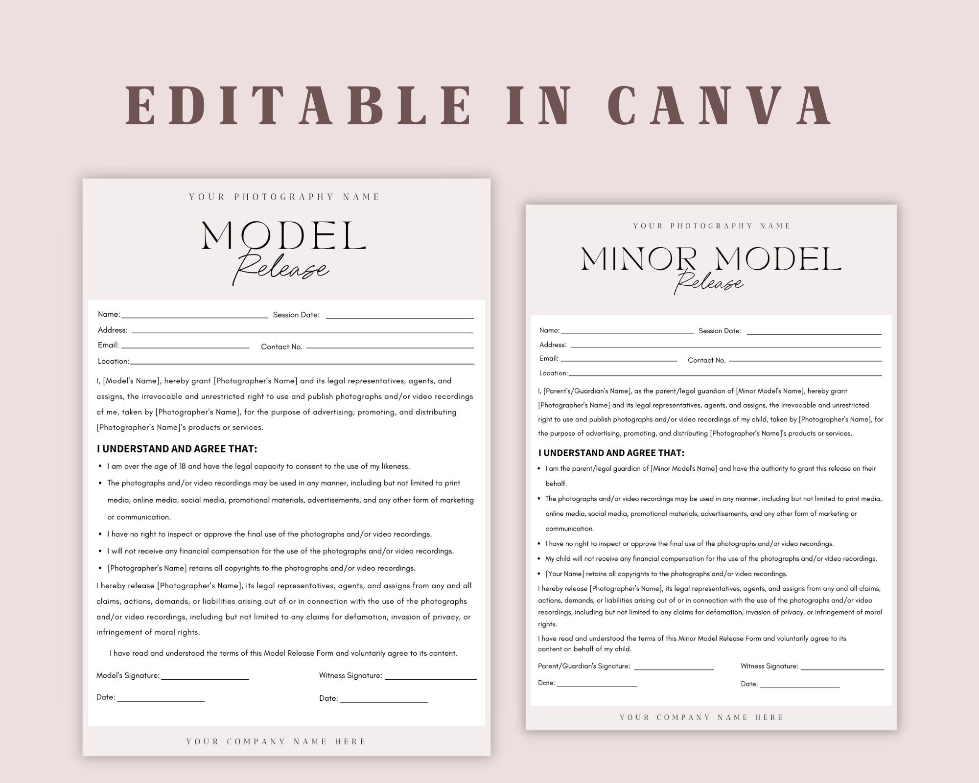 Model Release Form Template | Photography Forms | Minor Model Release Form | Contract for Photographers | Canva Template
