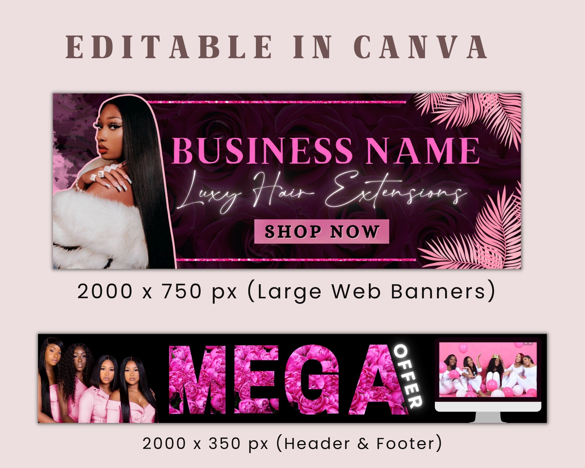 DIY Hair Website Banner Kit| Black and Pink Hair Extensions Wig Boutique Store Design| Shopify Site Design Templates Set|Canva| Retail Store