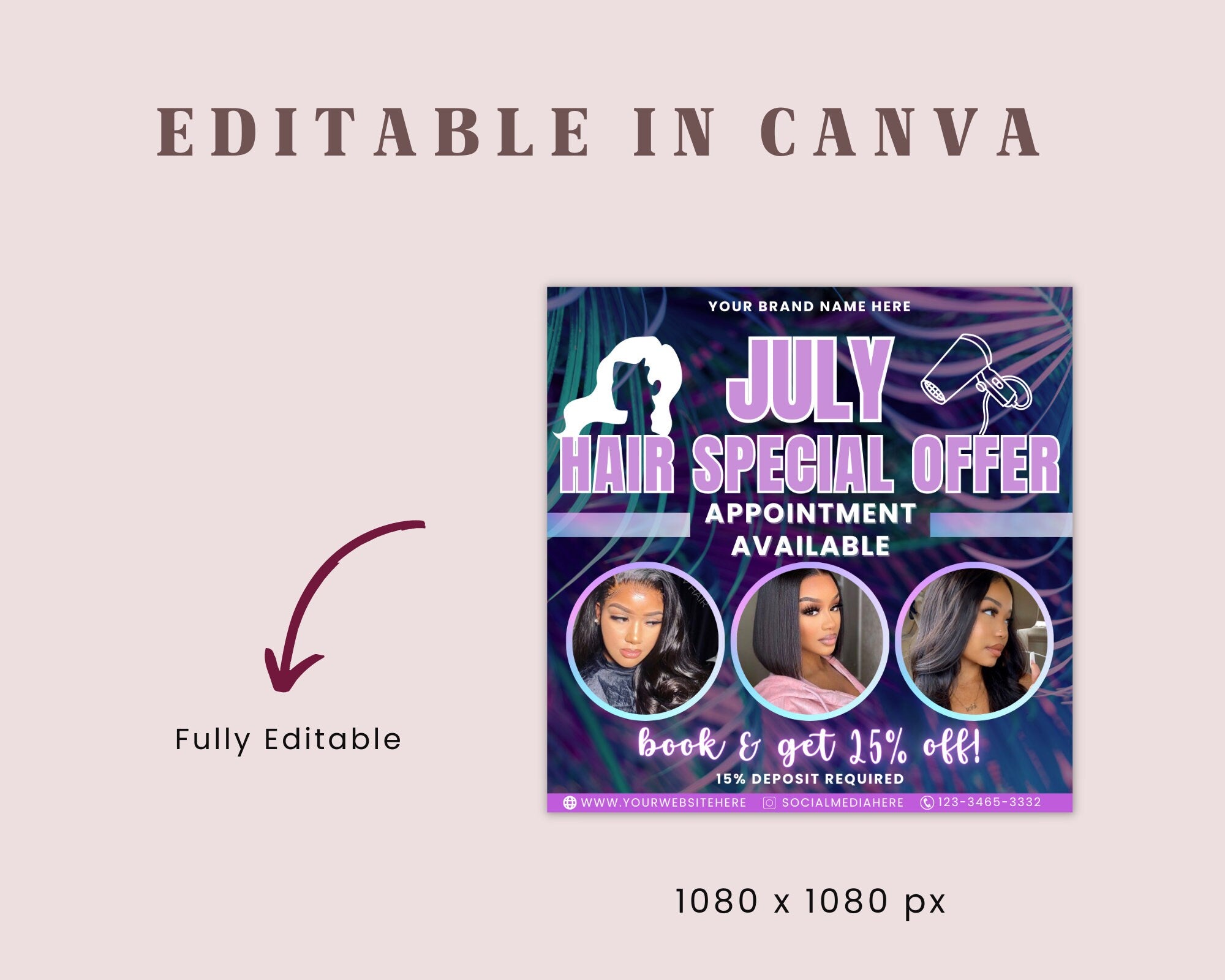 July Booking Flyer, Hair Special Flyer, DIY Summer Flyer, Summer Sale Flyer, Social Media Flyer, Canva Flyer Template, Digital Download