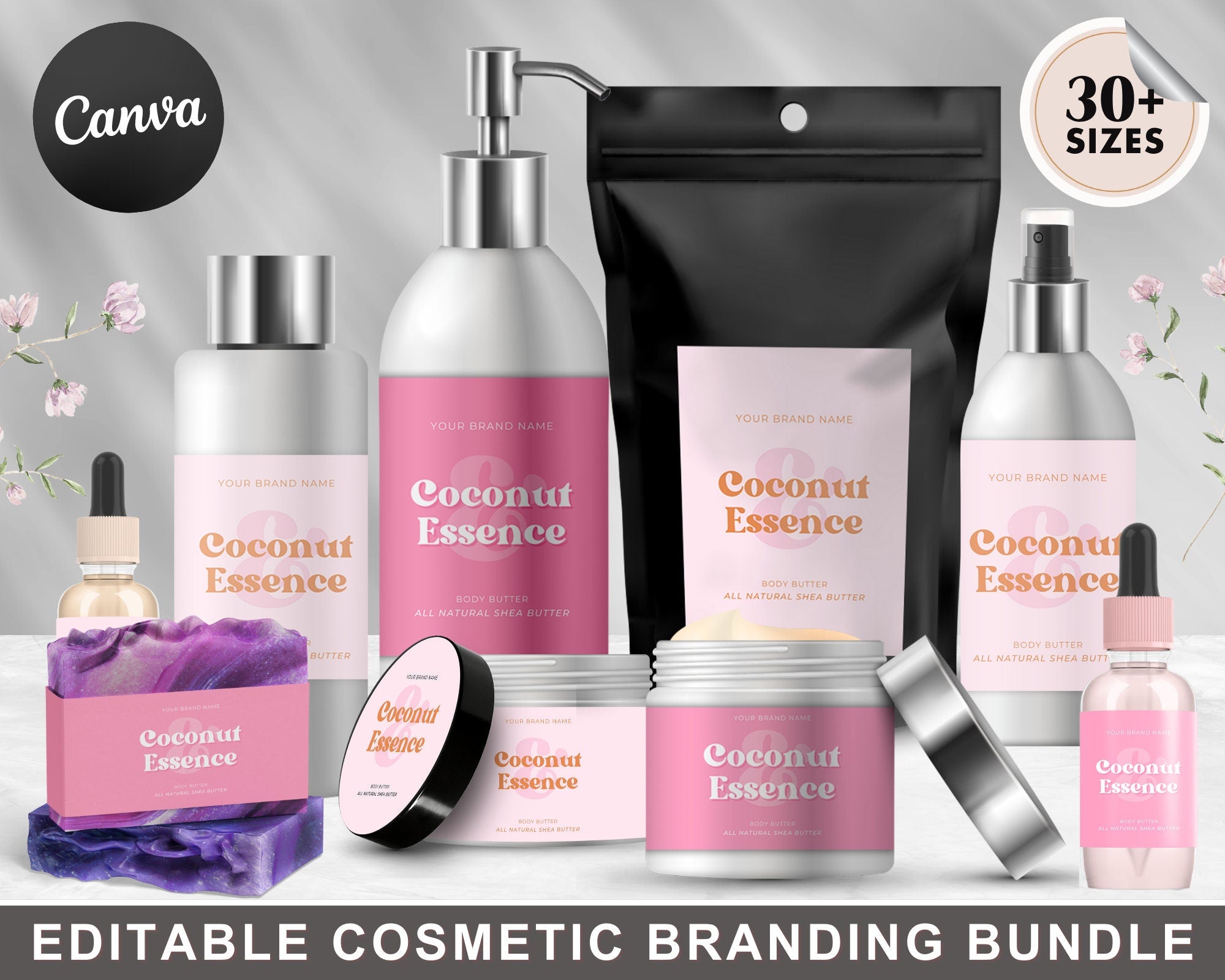 Cosmetic Branding Bundle Stylish Cosmetic Product Label Template Editable Cosmetic BUNDLE Skincare Label, Thankyou cards, Price Lists, CANVA