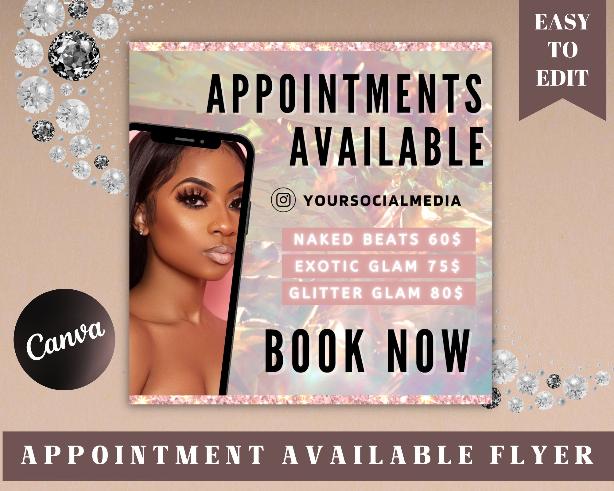 Glam Booking Appointment DIY Flyer Template, Hair Bundle Flyer, Beauty Flyer, Makeup Flyer, Hair Flyer, Boss Girl Business, Business Flyer