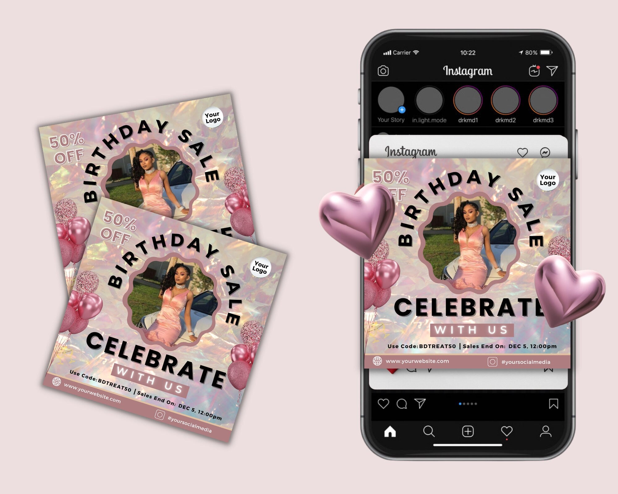 Birthday Flyer, Custom Editable Templates, Instagram Business Canva Flyer, Print At Home, Instant Download, DIY Template, Birthday Glam