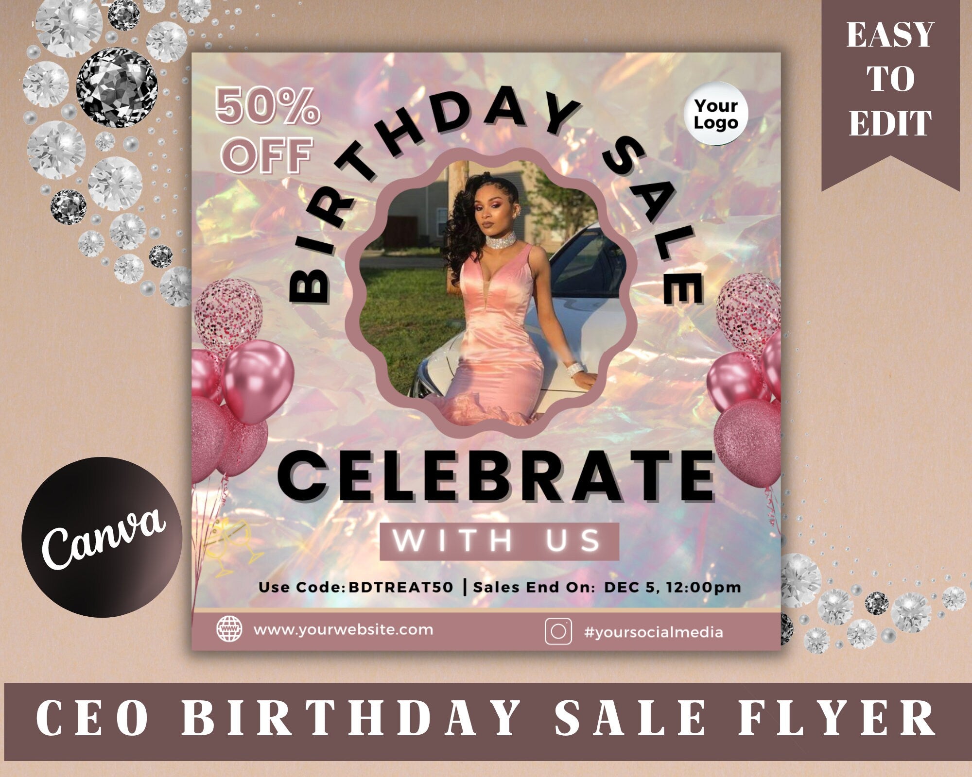 Birthday Flyer, Custom Editable Templates, Instagram Business Canva Flyer, Print At Home, Instant Download, DIY Template, Birthday Glam