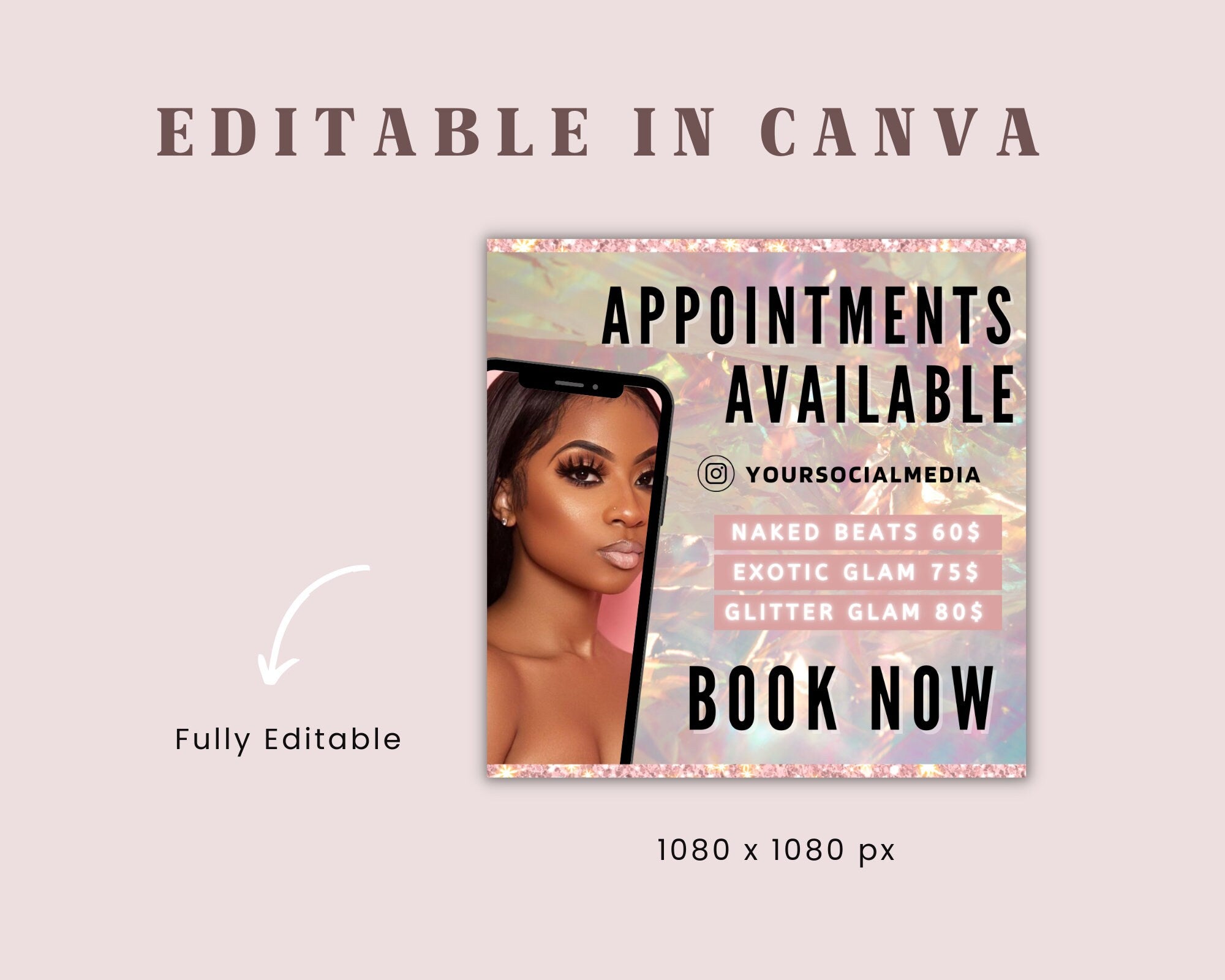 Glam Booking Appointment DIY Flyer Template, Hair Bundle Flyer, Beauty Flyer, Makeup Flyer, Hair Flyer, Boss Girl Business, Business Flyer