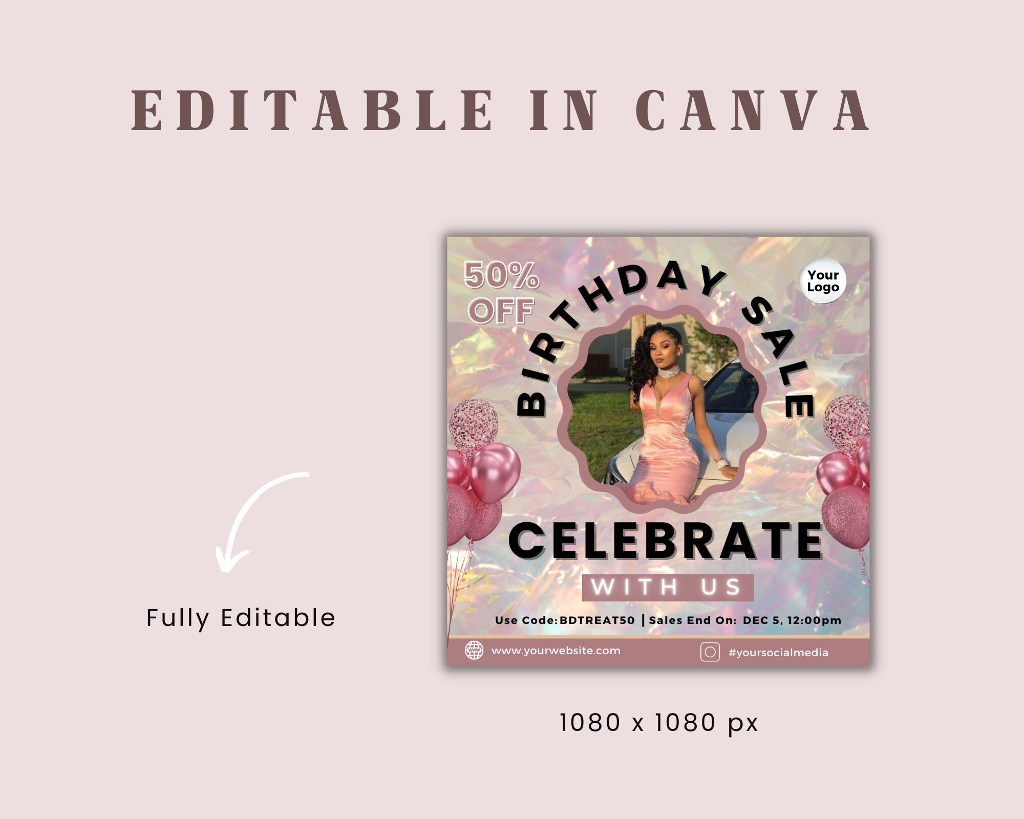 Birthday Flyer, Custom Editable Templates, Instagram Business Canva Flyer, Print At Home, Instant Download, DIY Template, Birthday Glam