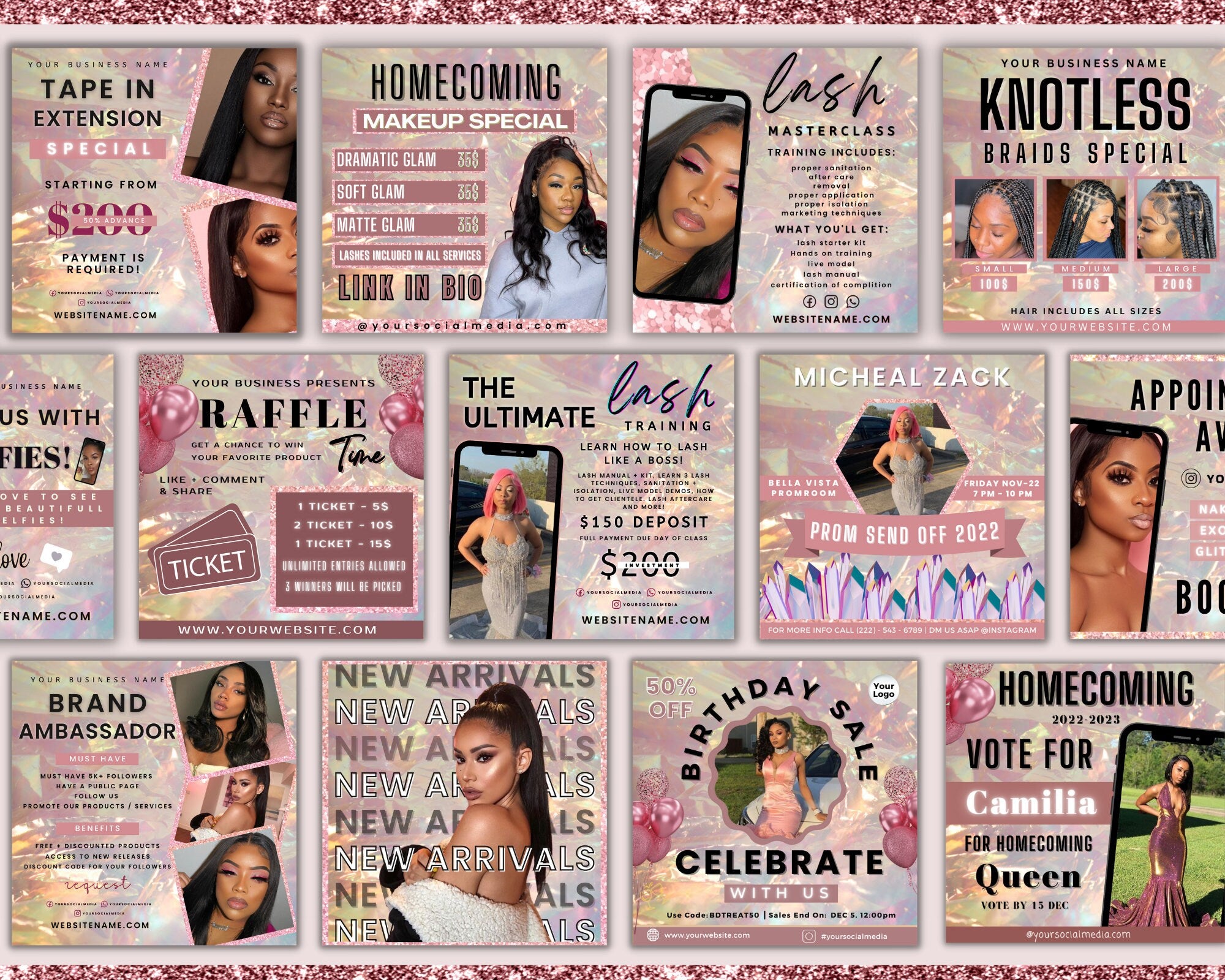 15 Holographic Flyers Bundle, Pink Appointments, Makeup Flyer, Branding Bundle, Social Media Flyer, Lash Training Flyer, Holographic Flyer