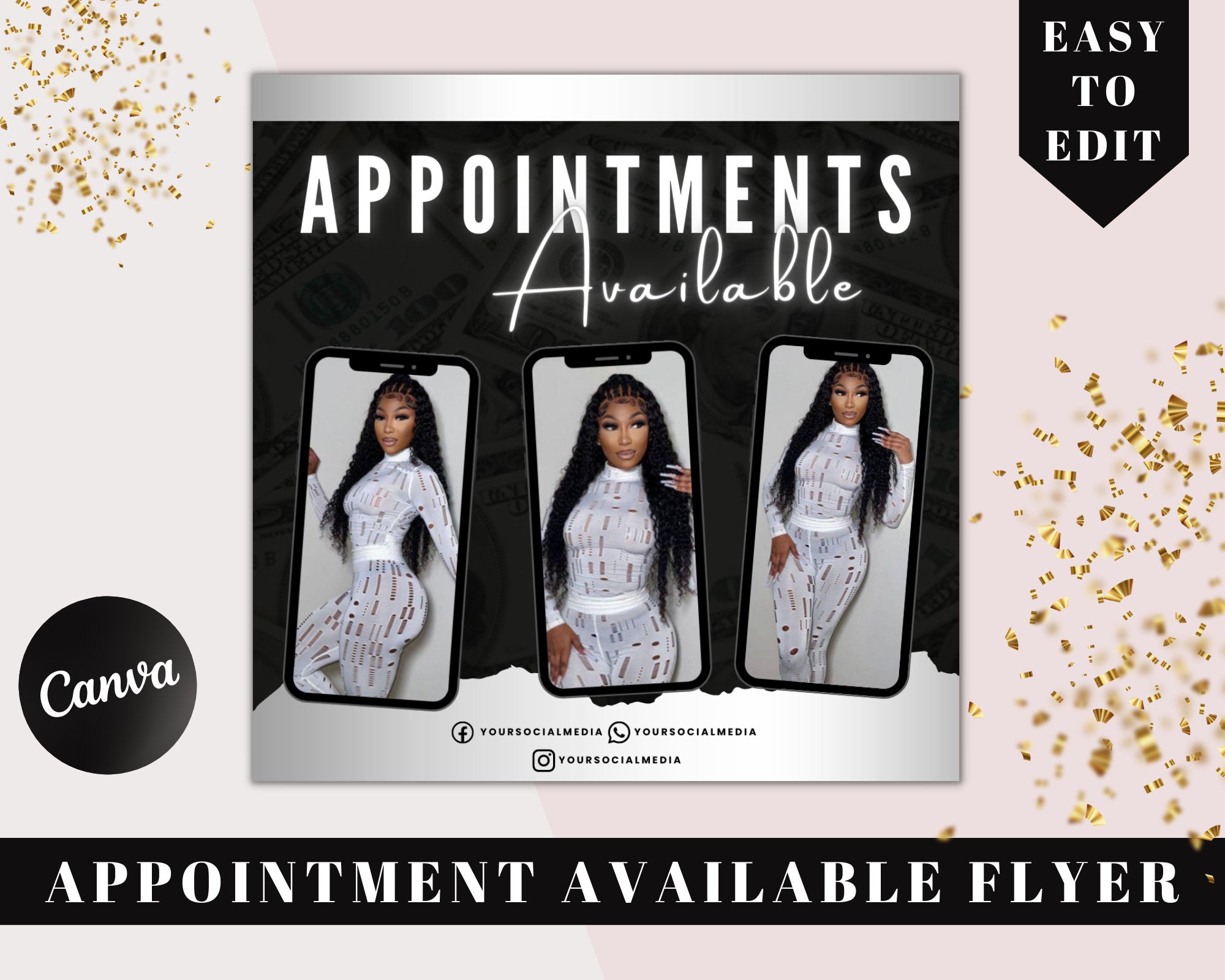 Appointment Available Flyer, DIY Book Now Appointments Available Hair Stylist Lash Nail MUA Social Media Instagram Editable Canva Template