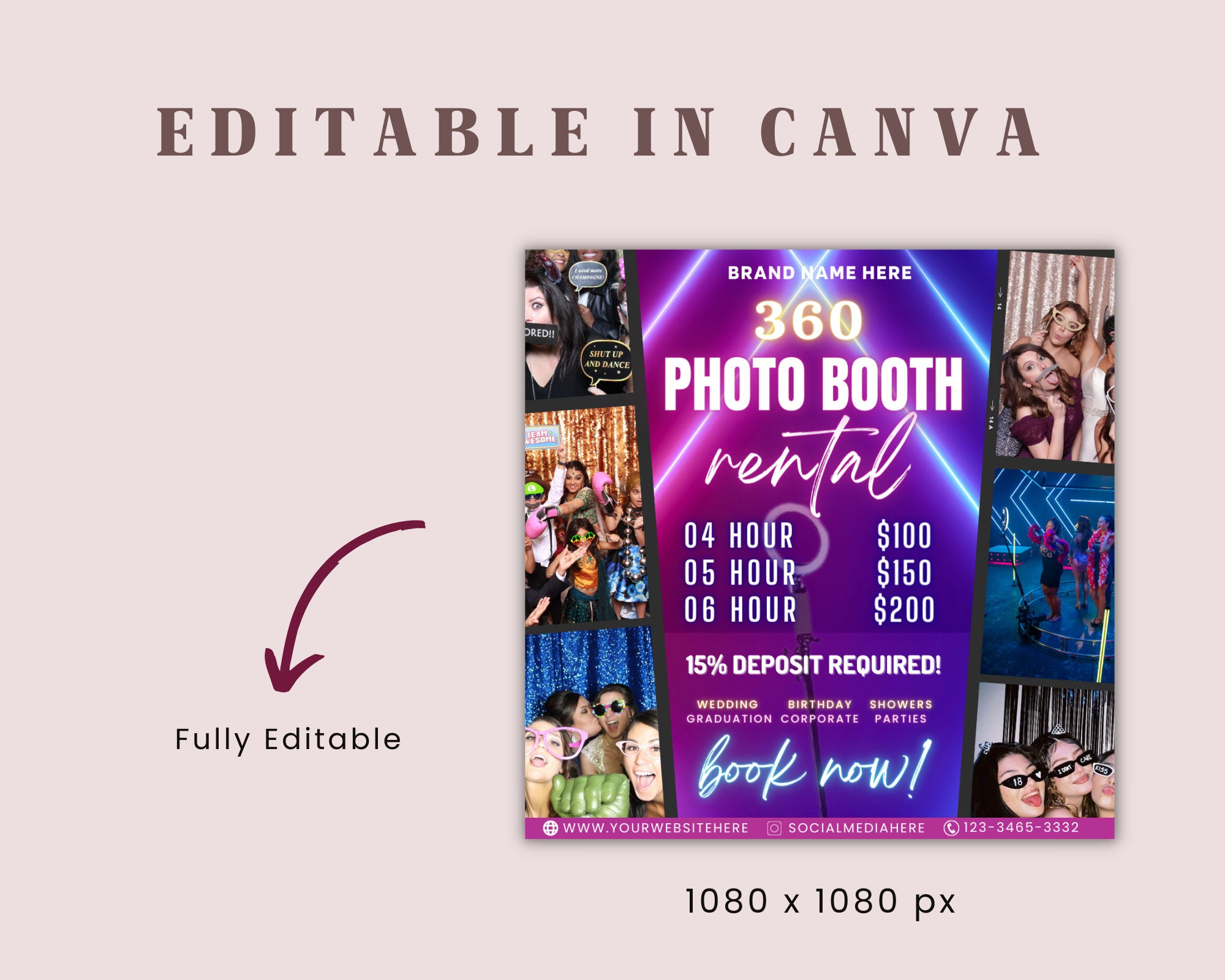 360 Photo Booth Rental Flyer | DIY Event Photography Rental Party Celebration Photobooth Social Media Instagram Editable Canva Template