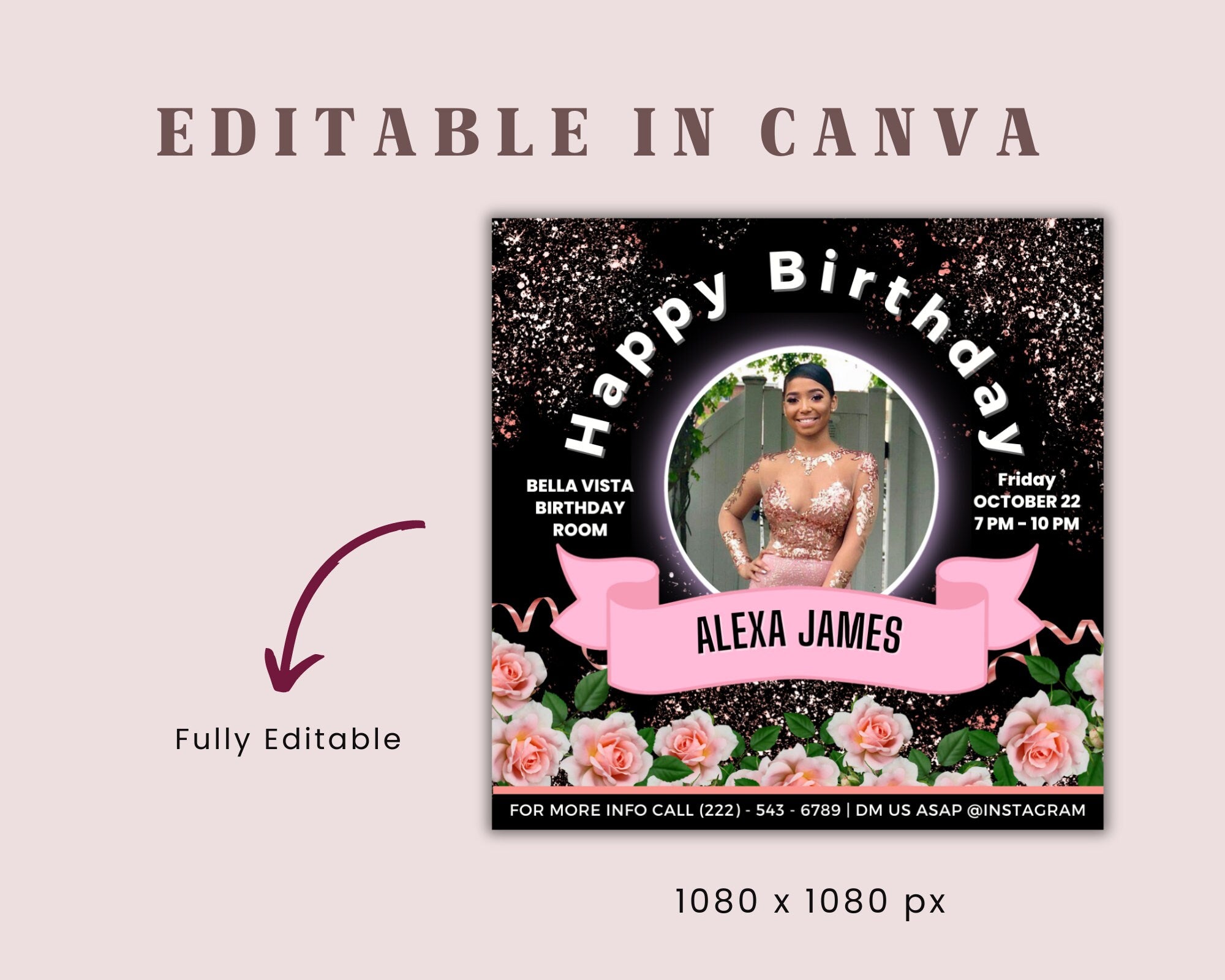 Birthday Flyer, Custom Editable Templates, Instagram Business Canva Flyer, Print At Home, Instant Download, DIY Template, Birthday Glam