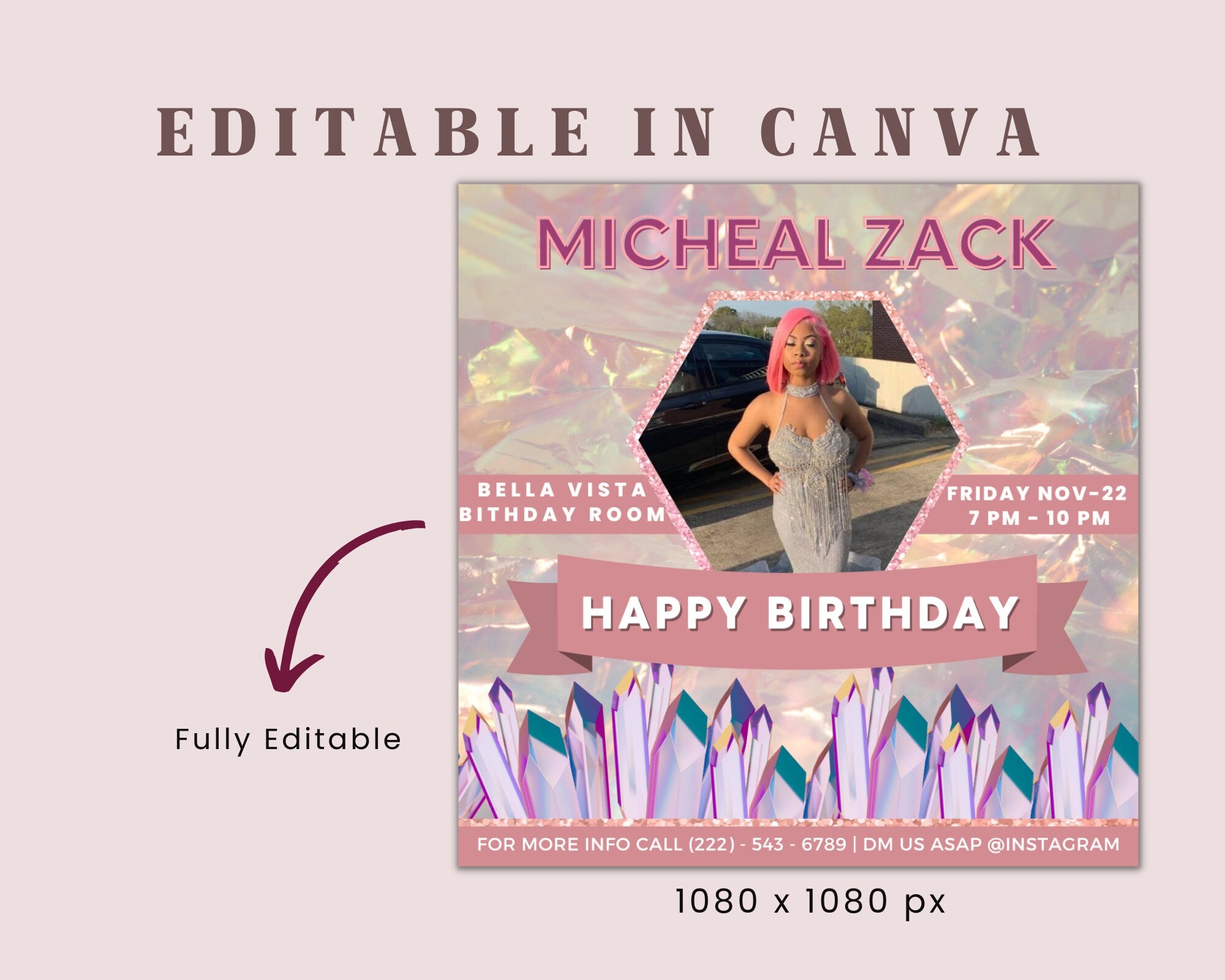 Birthday Flyer, Custom Editable Templates, Instagram Business Canva Flyer, Print At Home, Instant Download, DIY Template, Birthday Glam