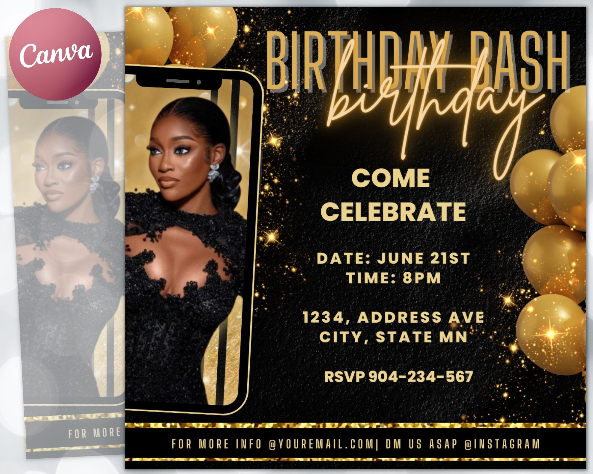 Birthday Flyer, Birthday Girl, Birthday Template, DIY Golden Goddess Bday Social Media Instagram Invitation. Hair Lash Nails  Canva Flyer