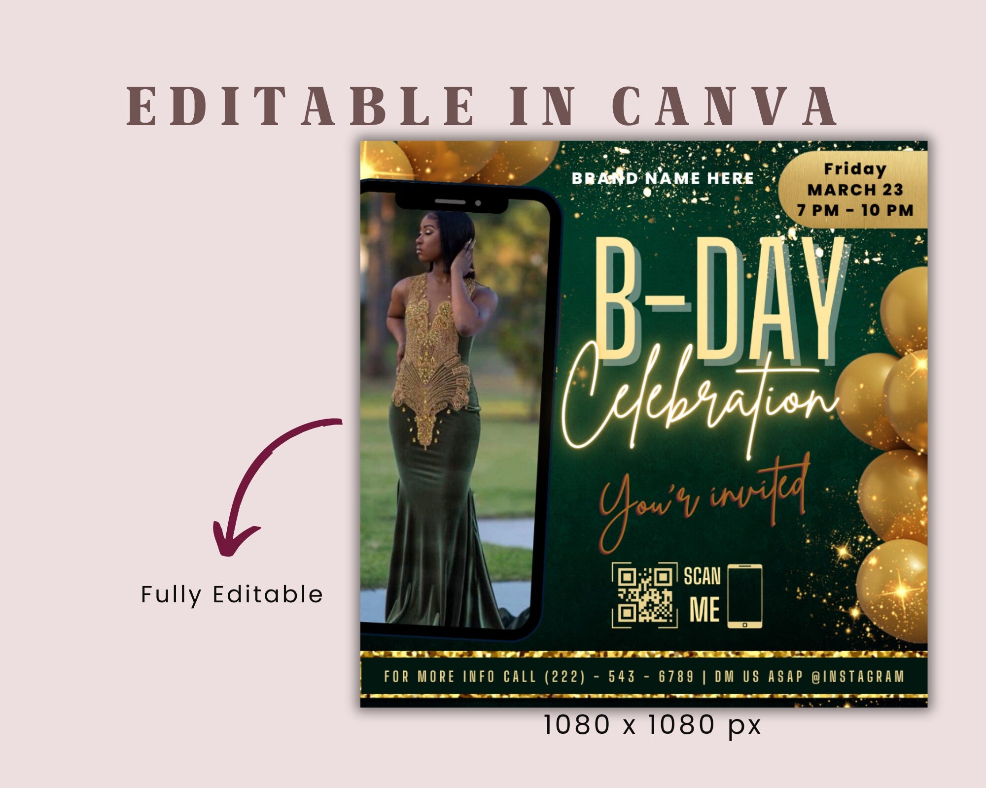 Birthday Flyer, Custom Editable Templates, Instagram Business Canva Flyer, Print At Home, Instant Download, DIY Template, Birthday Glam