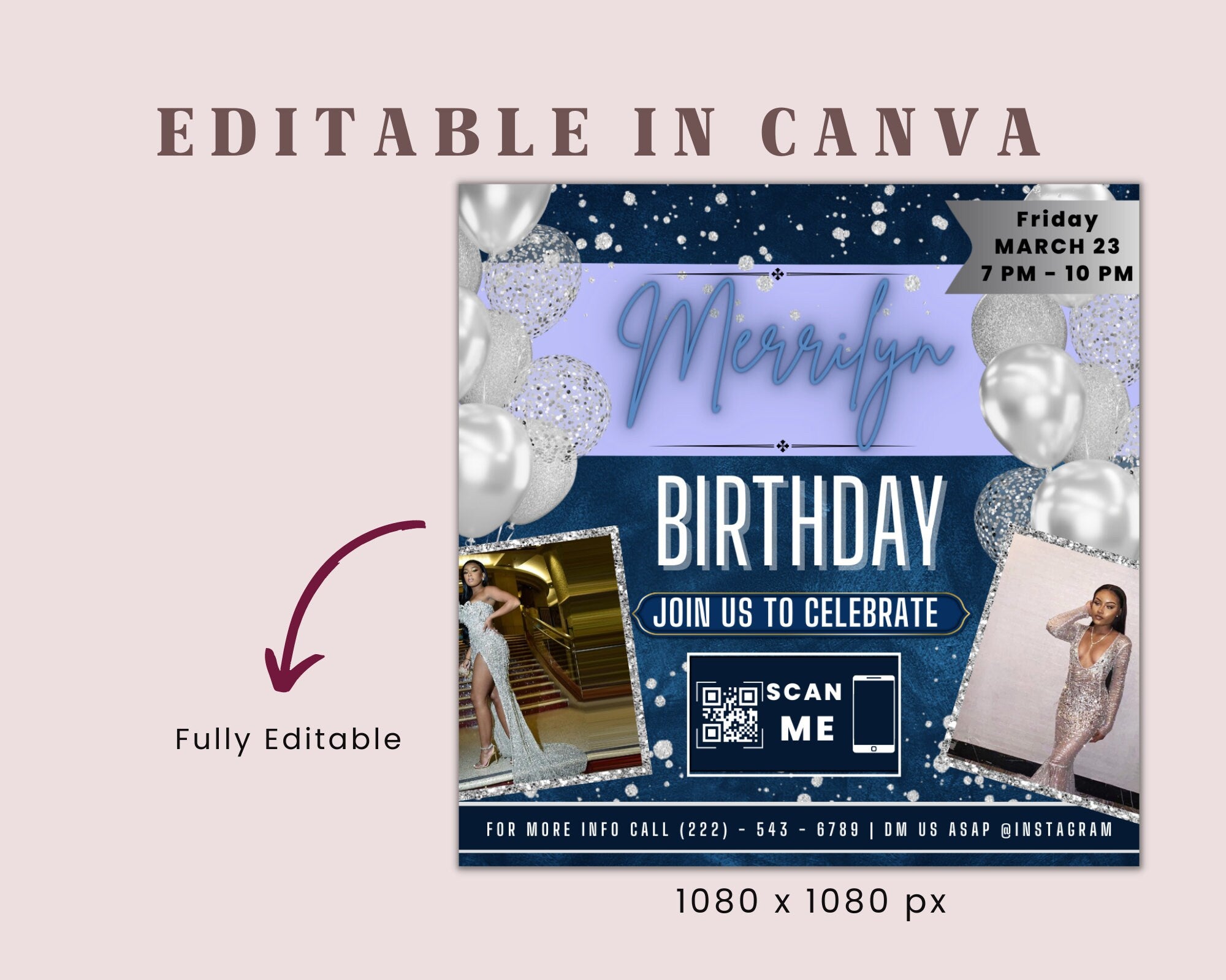 Birthday Flyer, Custom Editable Templates, Instagram Business Canva Flyer, Print At Home, Instant Download, DIY Template, Birthday Glam