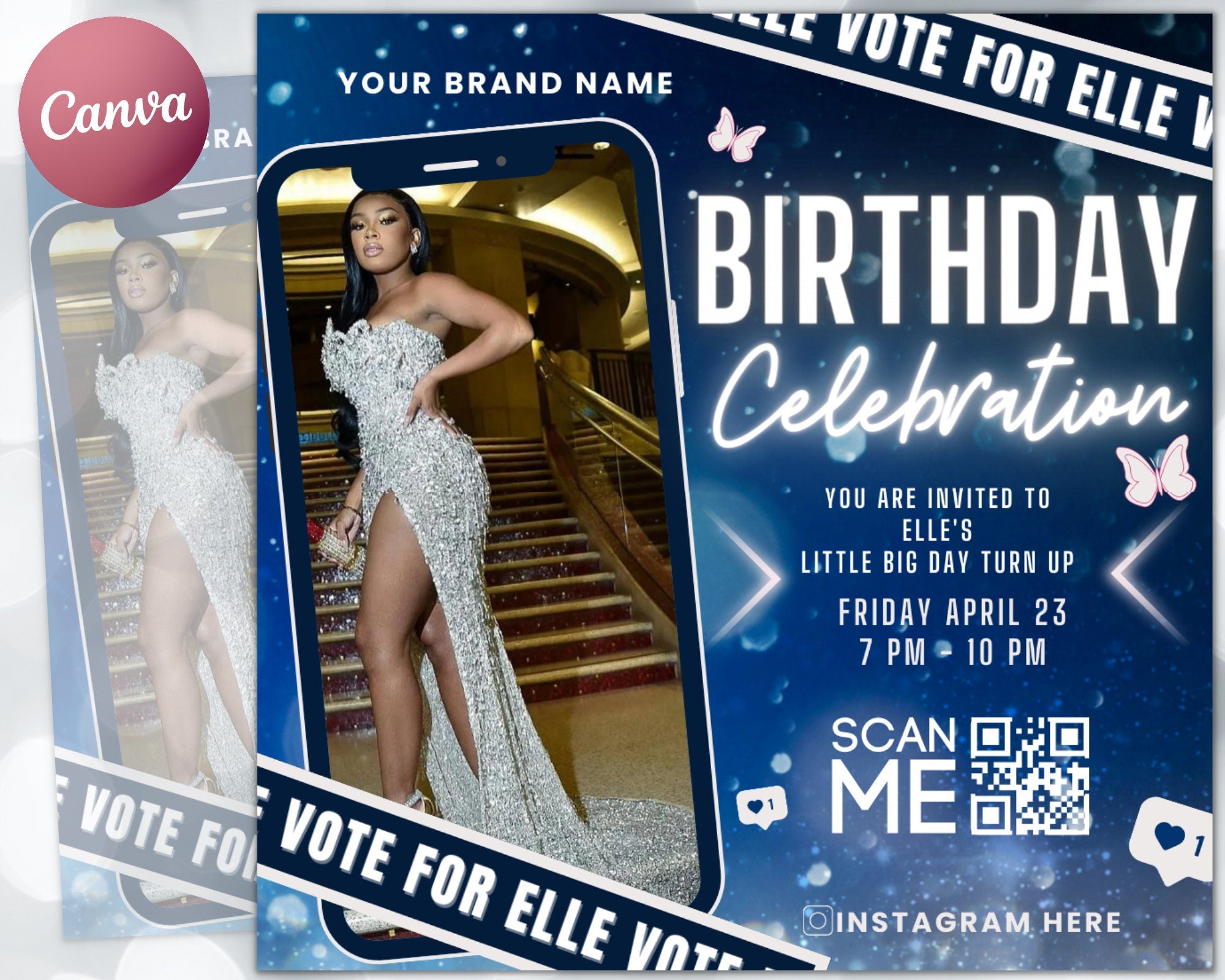 Birthday Celebration Flyer Platinum Template | DIY Bday Invitation RSVP Boutique Hair Lash Nails Social Media Instagram Editable Canva Flyer